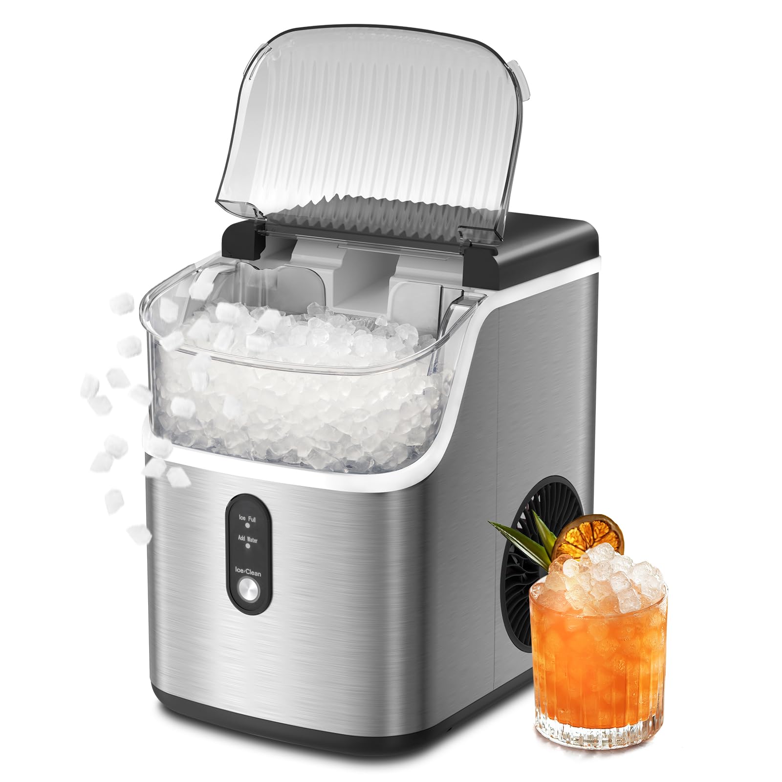 ZAFRO Nugget Ice Maker Machine - 35lbs/Day, Self-Cleaning Countertop Ice Maker with Removable Basket & Scoop, Stainless Steel - Perfect for Home, Office, Parties & Cocktails