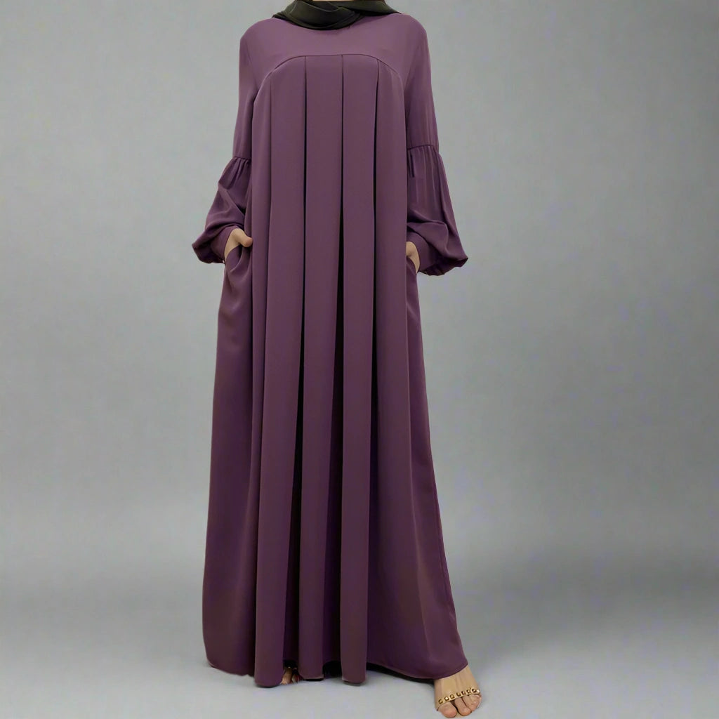 10 Color Options Puff Sleeve Abaya Dress With Pocket - Modest Muslim Dress for Women, Elegant Long Sleeve Maxi Dress for Prayer, Eid, Wedding & Special Occasions