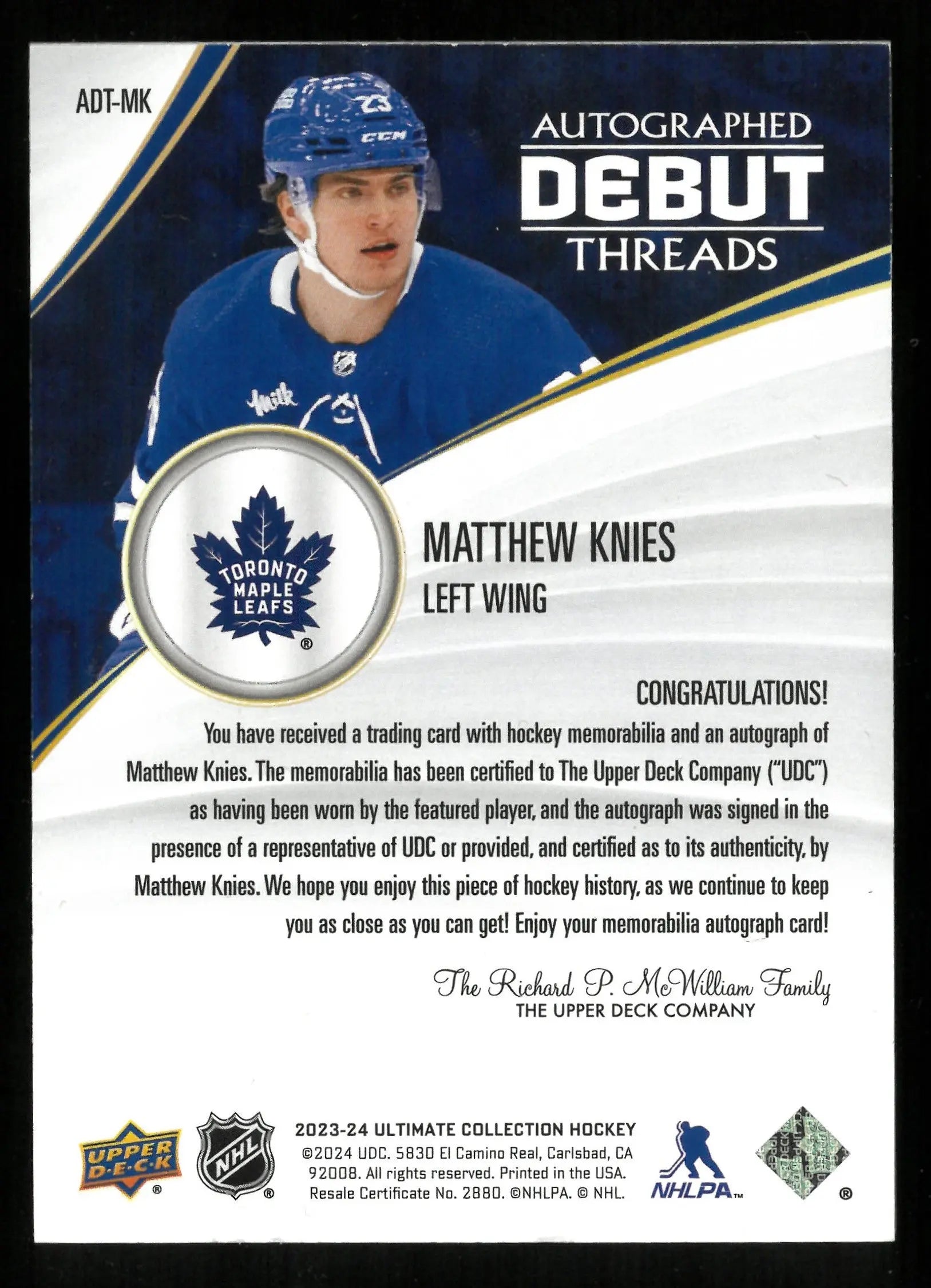 2023-24 Upper Deck Ultimate Collection Matthew Knies Rookie Card Debut Threads Gold Autograph /49 - Perfect for Hockey Card Collectors & Sports Memorabilia Enthusiasts