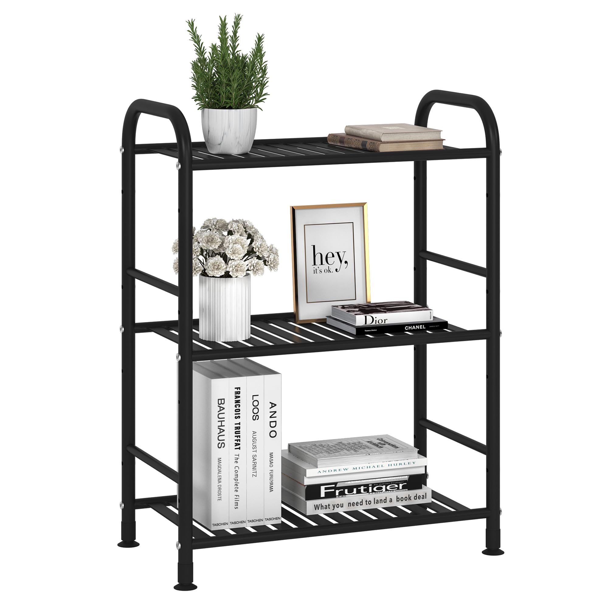 JSB 3-Tier Adjustable Metal Shelf Unit - Heavy Duty Storage Rack Organizer for Kitchen, Bathroom, Living Room & Laundry - Space Saving Corner Shelf (Black) - Perfect for Pantry Organization & Home Storage Solutions