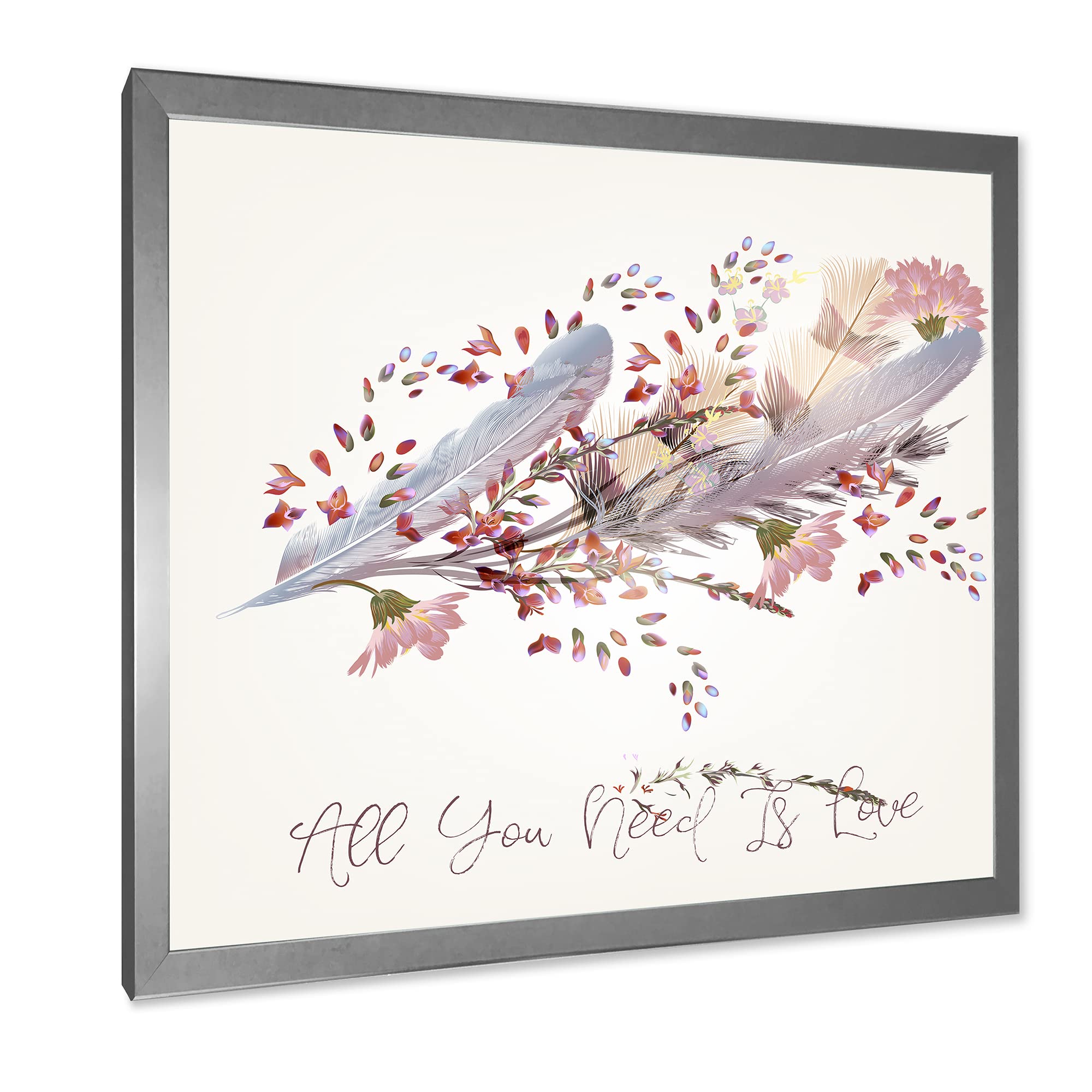 Handmade Bohemian Wall Art Decor - Pink Feathers & Birds 'All You Need Is Love' Canvas Painting for Living Room, Bedroom & Home | Perfect for Boho Style Interiors, Wedding Gifts, Nursery Decor & Housewarming Presents | Ideal for Bohemian Themed Spaces, Girls' Rooms & Cozy Reading Nooks