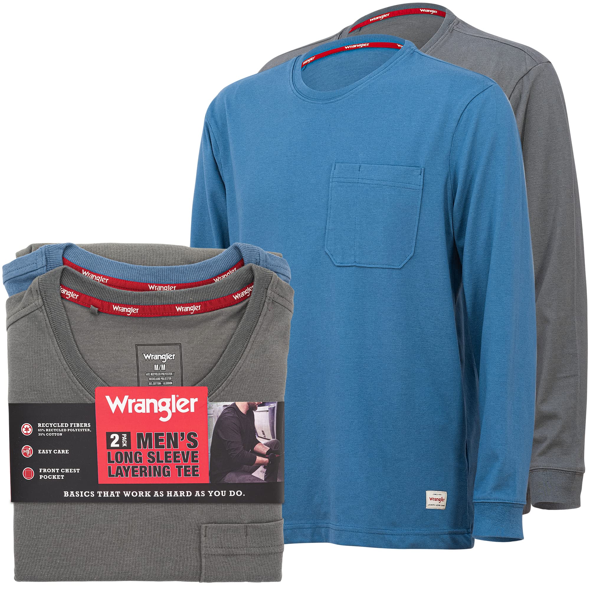 Wrangler Men's Long Sleeve Layering T-Shirt - Core Comfort Fit Cotton Tee for Casual Wear, Outdoor Activities & Workout Layering