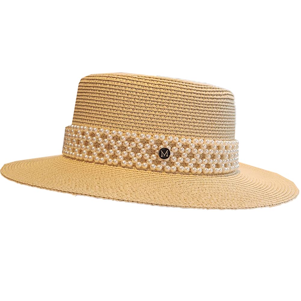 British Style Pearl Straw Boater Hat for Men & Women - Wide Brim Panama Sun Hat for Summer Beach, Outdoor Parties & Garden Events