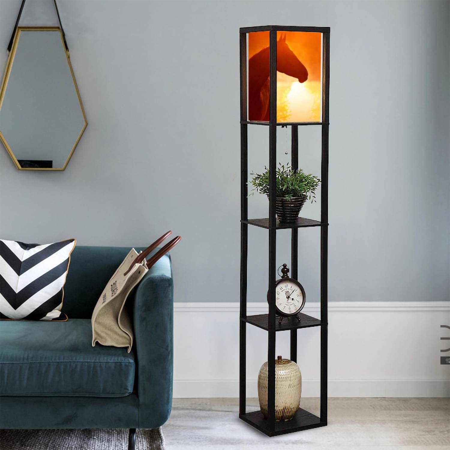 JITHCG Sunrise Horse Silhouette Floor Lamp with Shelves & Flaxen Fabric Shade - Tall Corner Standing Lamp for Living Room, Bedroom, Office | Aesthetic Home Decor & Reading Light