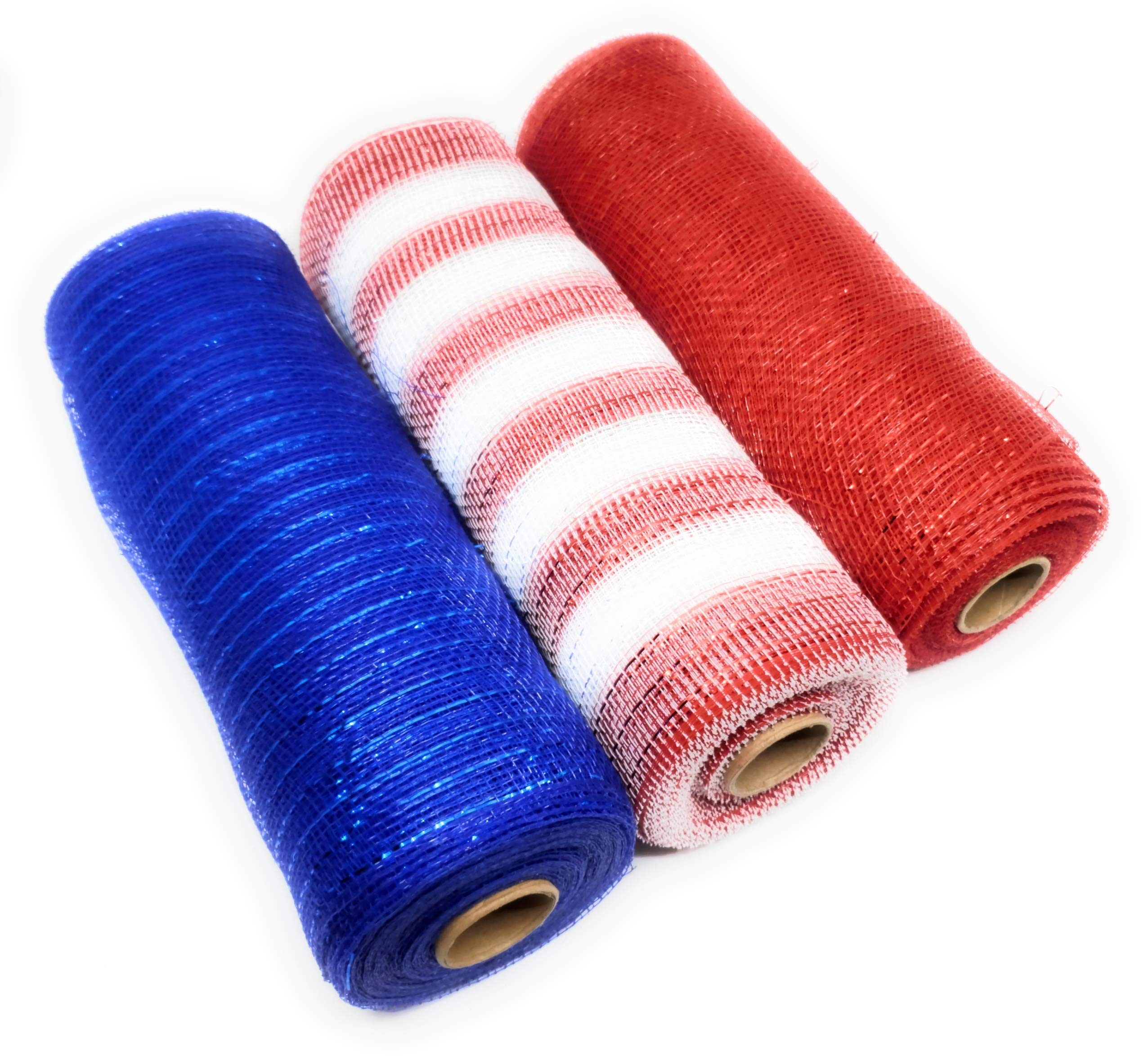 10in Wide Patriotic Deco Mesh Ribbon Rolls - 10 Yards for Crafting (Red, Red & White Stripes, Royal Blue) | Perfect for Wreaths, Bows, and DIY Home Decor