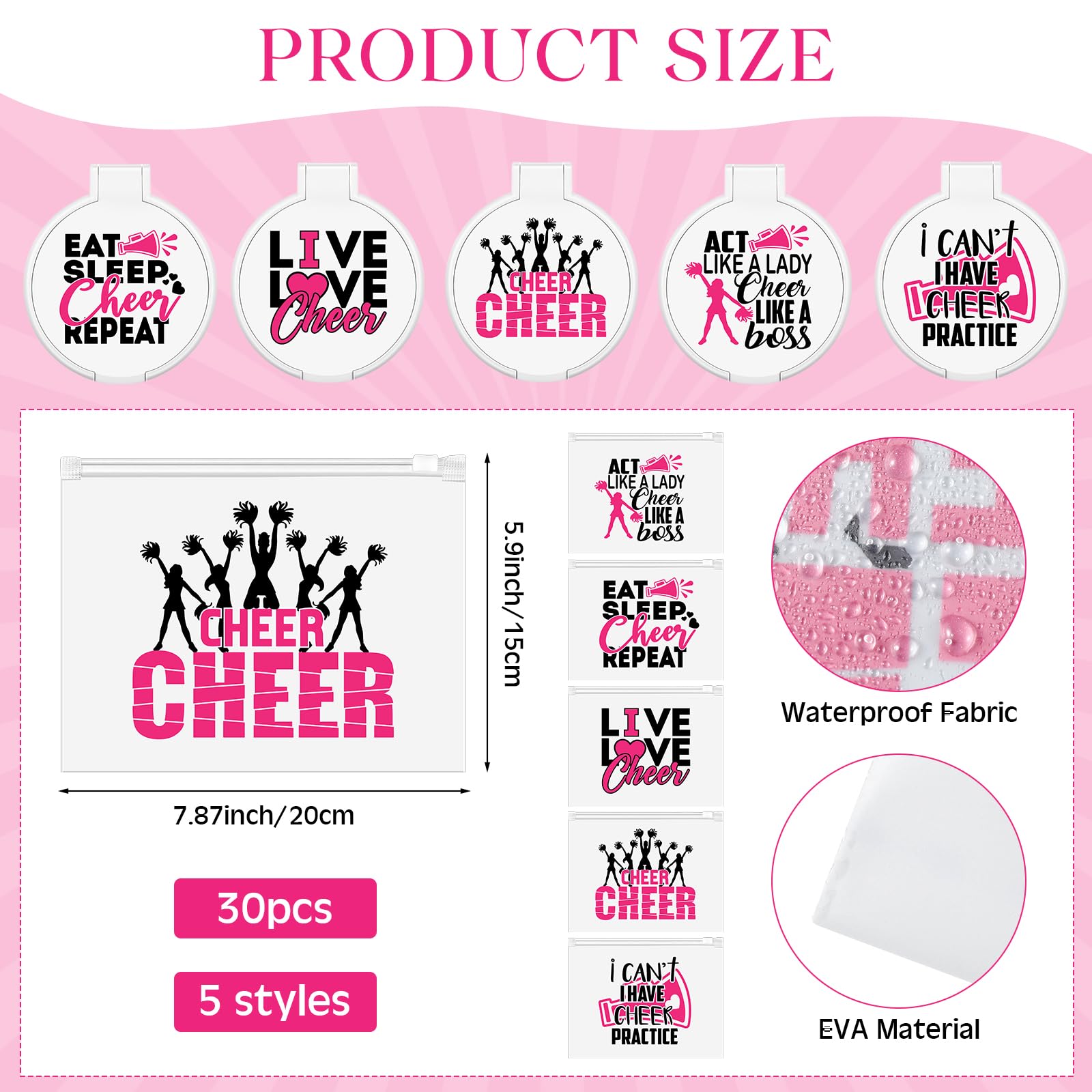 121 Pcs Cheerleader Gift Set - 30 Zipper Makeup Bags, 30 Keychain Wristbands, Mirror & Waterproof Stickers for Women, Girls & Teammates - Perfect for Cheerleading Competitions, Team Events & Gifts