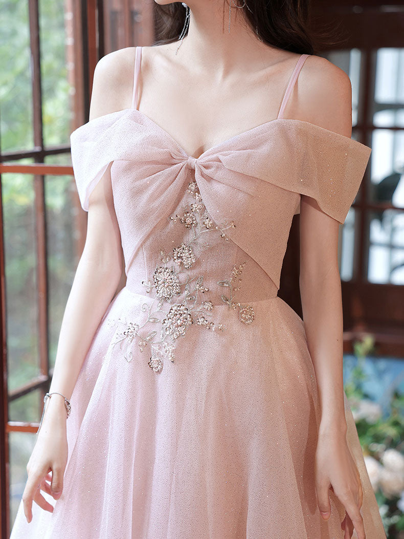 Elegant Pink Tulle Off-Shoulder Lace Long Prom Dress - Romantic Evening Gown for Homecoming, Wedding, Ball & Special Occasions