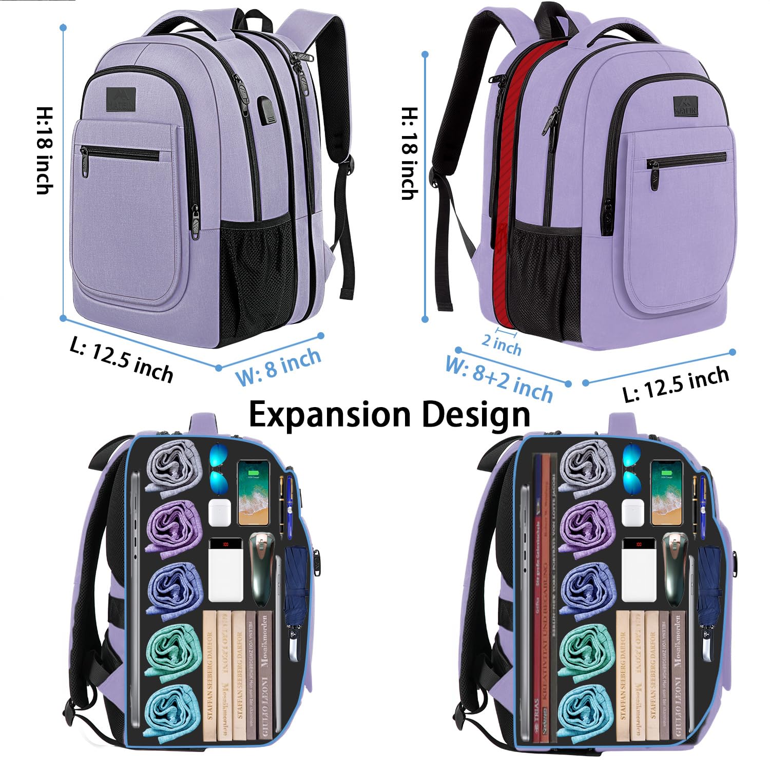 MATEIN Expandable 15.6 Inch Laptop Backpack for Women & Men, Anti-Theft USB Charging Port, Water-Resistant Business Computer Bag, Perfect for College, Travel, Work & Daily Commute, Purple