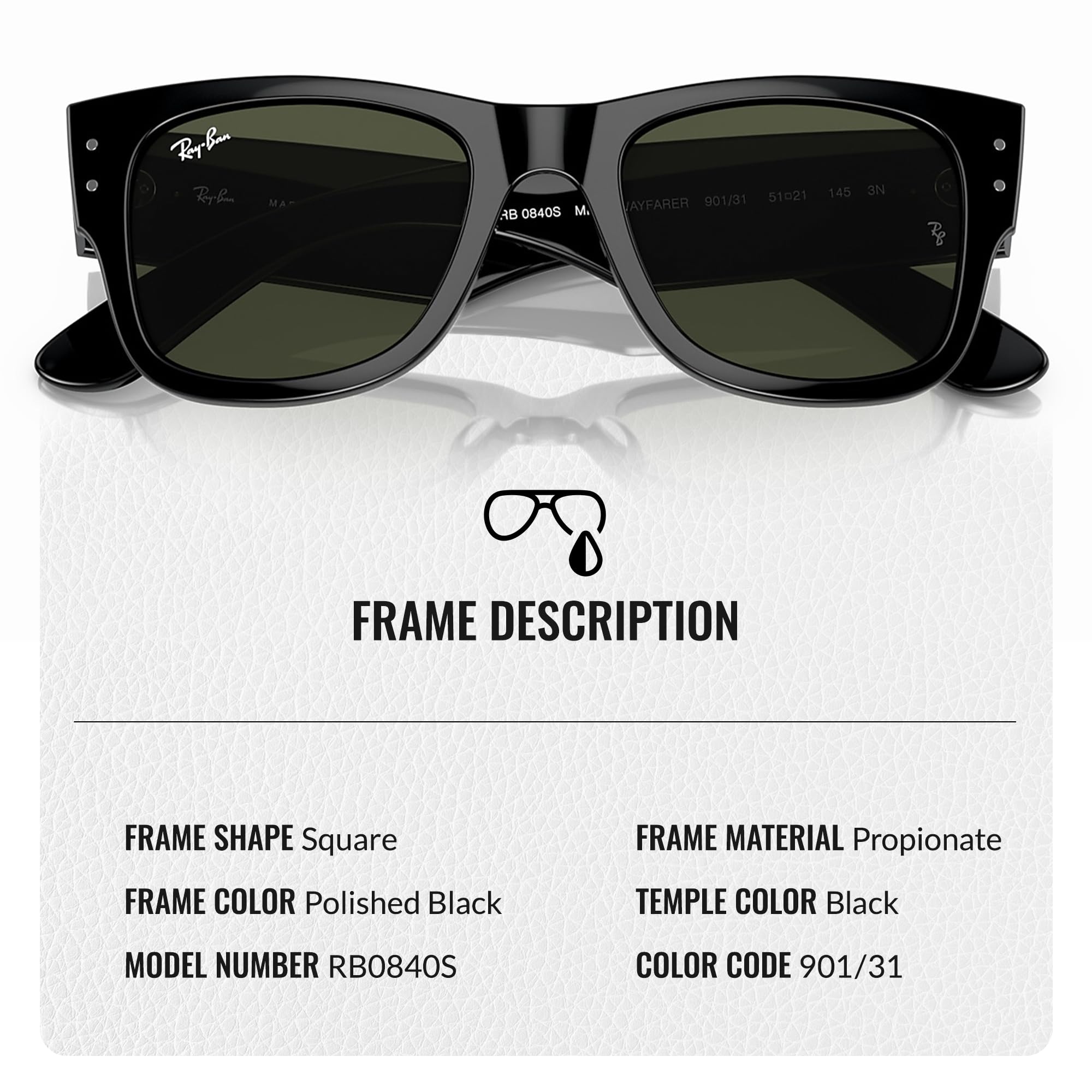 Ray-Ban RB0840S MEGA WAYFARER Square Sunglasses with Eyewear Kit - High Bridge Fit - UV Protection - Classic Style for Men & Women - Perfect for Driving, Beach, and Outdoor Activities