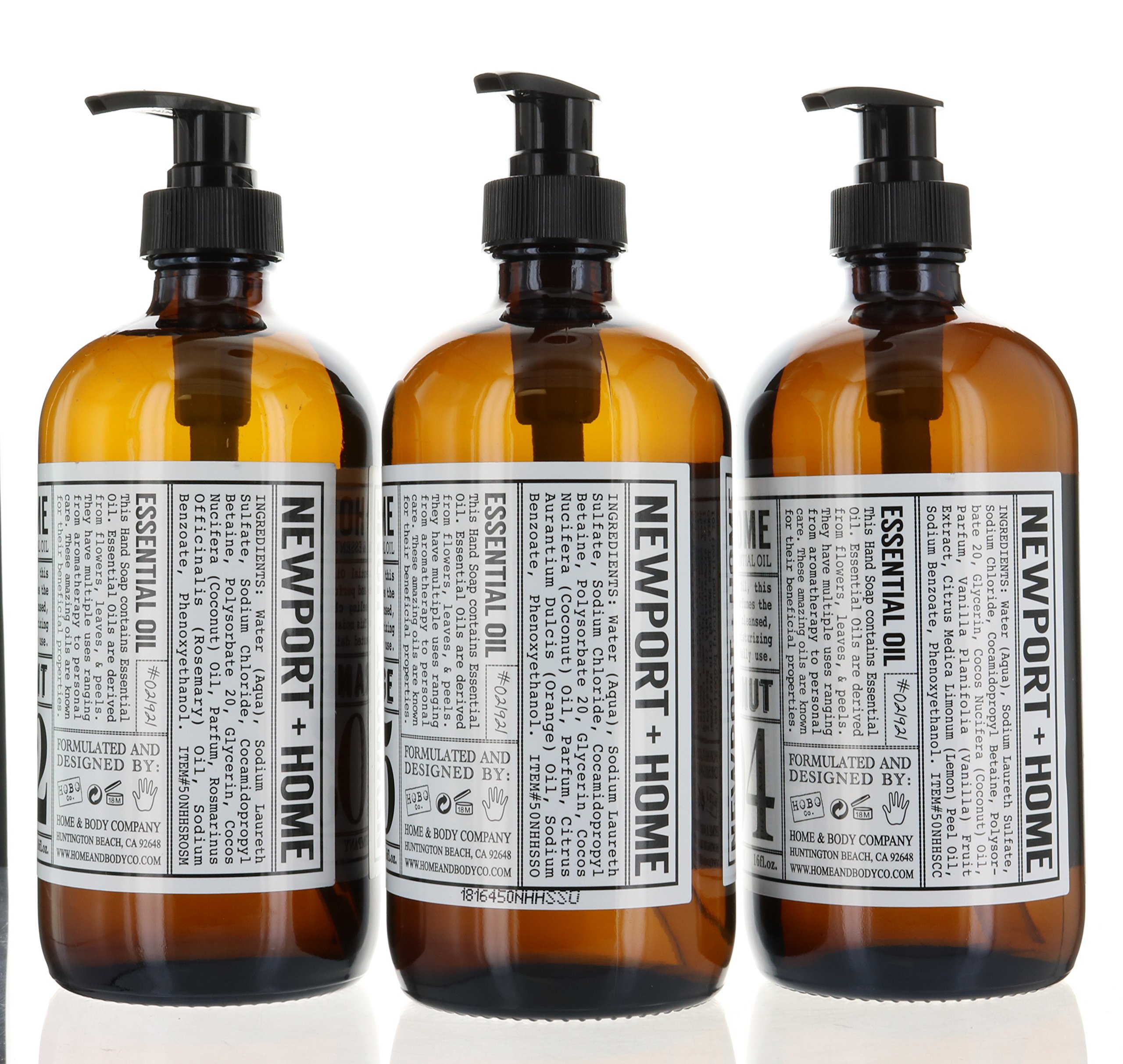 Newport Home Hand Soap Set of 3 (16oz/473ml Each) - Coconut Essential Oil, Rosemary Mint & Sweet Orange Scented - Moisturizing Liquid Soap for Kitchen, Bathroom & Guest Washroom