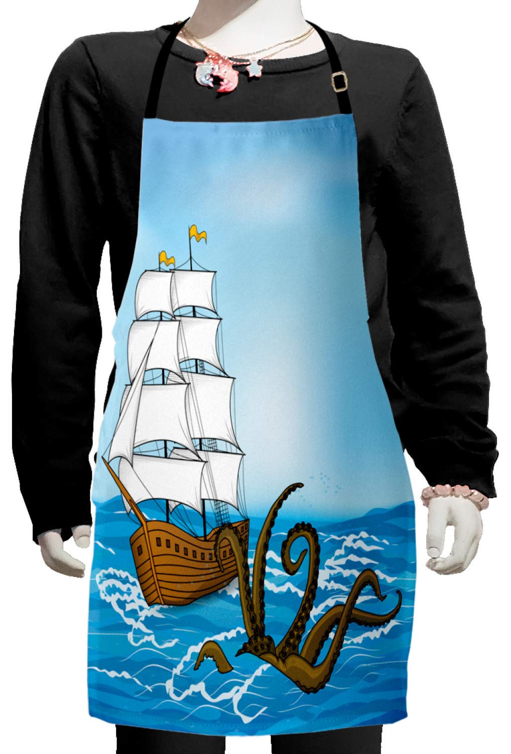 Ambesonne Kraken Apron - Vintage Sailing Ship & Sea Monster Adventure Design - Adjustable Bib Apron for Baking, Painting & Cooking - Small Size Blue Brown Kitchen Apron - Perfect for Home Chefs, Artists & Halloween Costumes