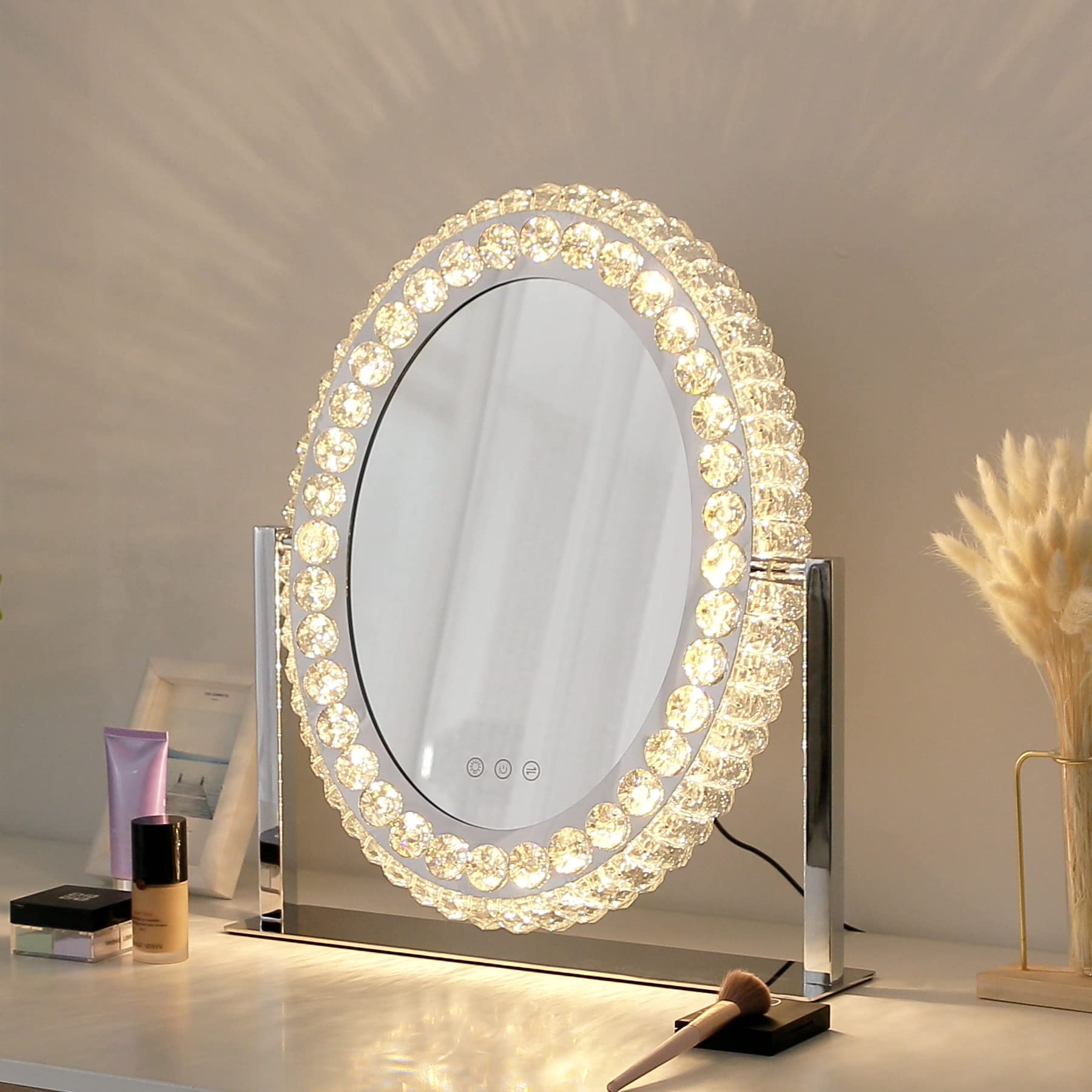 Oval Crystal Vanity Mirror with LED Lights - Large Hollywood Style Makeup Mirror with Touch Control, 3 Color Lighting & 360° Rotation - Perfect for Bedroom, Dressing Room & Professional Makeup Artists (Plug-in Power)