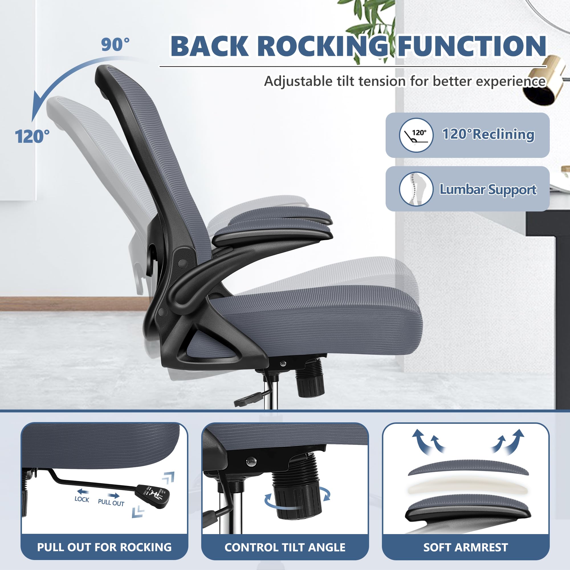 Ergonomic Mesh Office Chair with Adjustable Lumbar Support - Mid Back Swivel Task Chair with Breathable Mesh & Flip-Up Armrests - Comfortable Computer Desk Chair for Home Office, Gaming & Workspaces (Dark Gray)