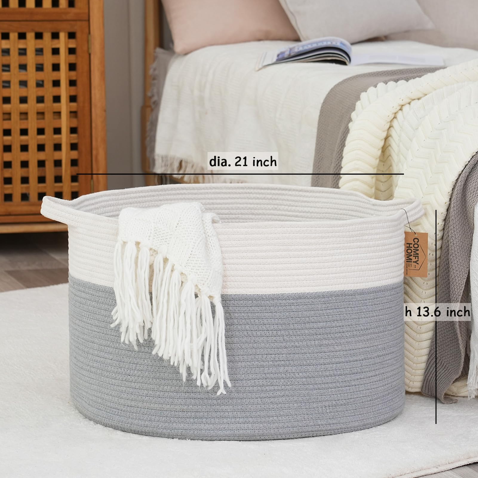 COMFY-HOMI 4-Piece Woven Rope Basket Set - 1 Large Laundry Basket (21x21x13.6