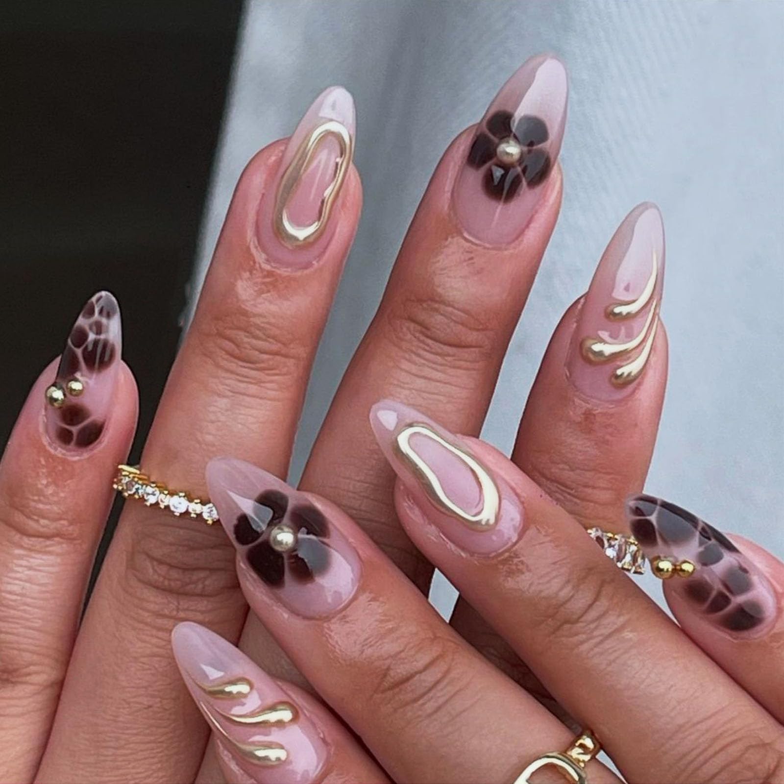 Fall Press on Nails Medium Almond Fake Nails - Brown French Tips with 3D Golden Line Designs - 24Pcs Natural Nude Full Cover Glossy Glue on Nails - Perfect for Parties, Weddings, Date Nights & Everyday Wear
