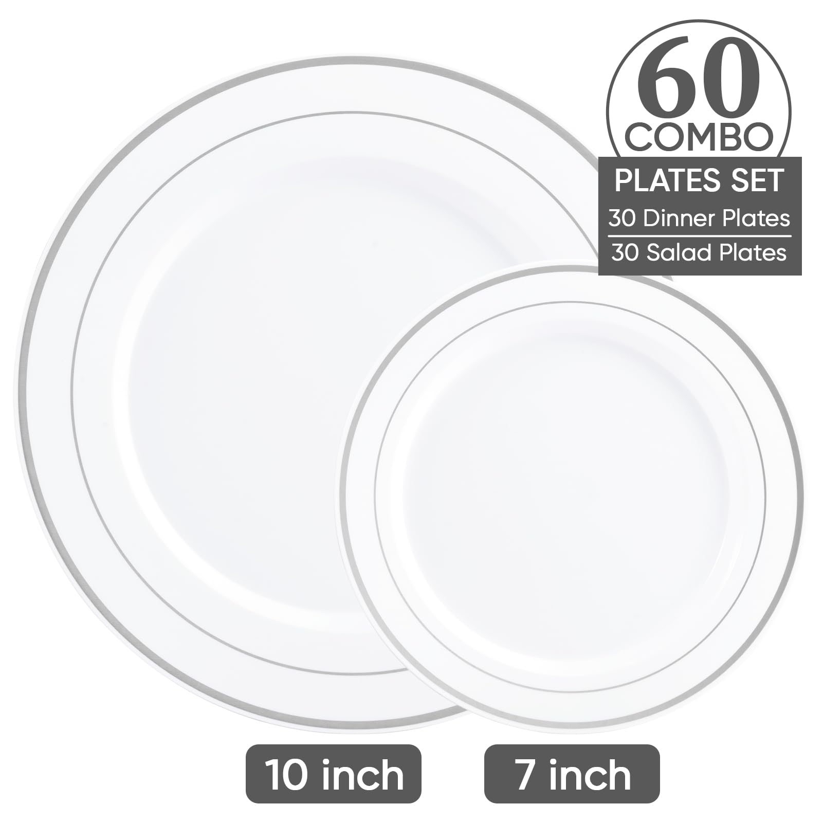 FOCUSLINE 60-Pack Silver Plastic Plates Set - 30 Elegant 10