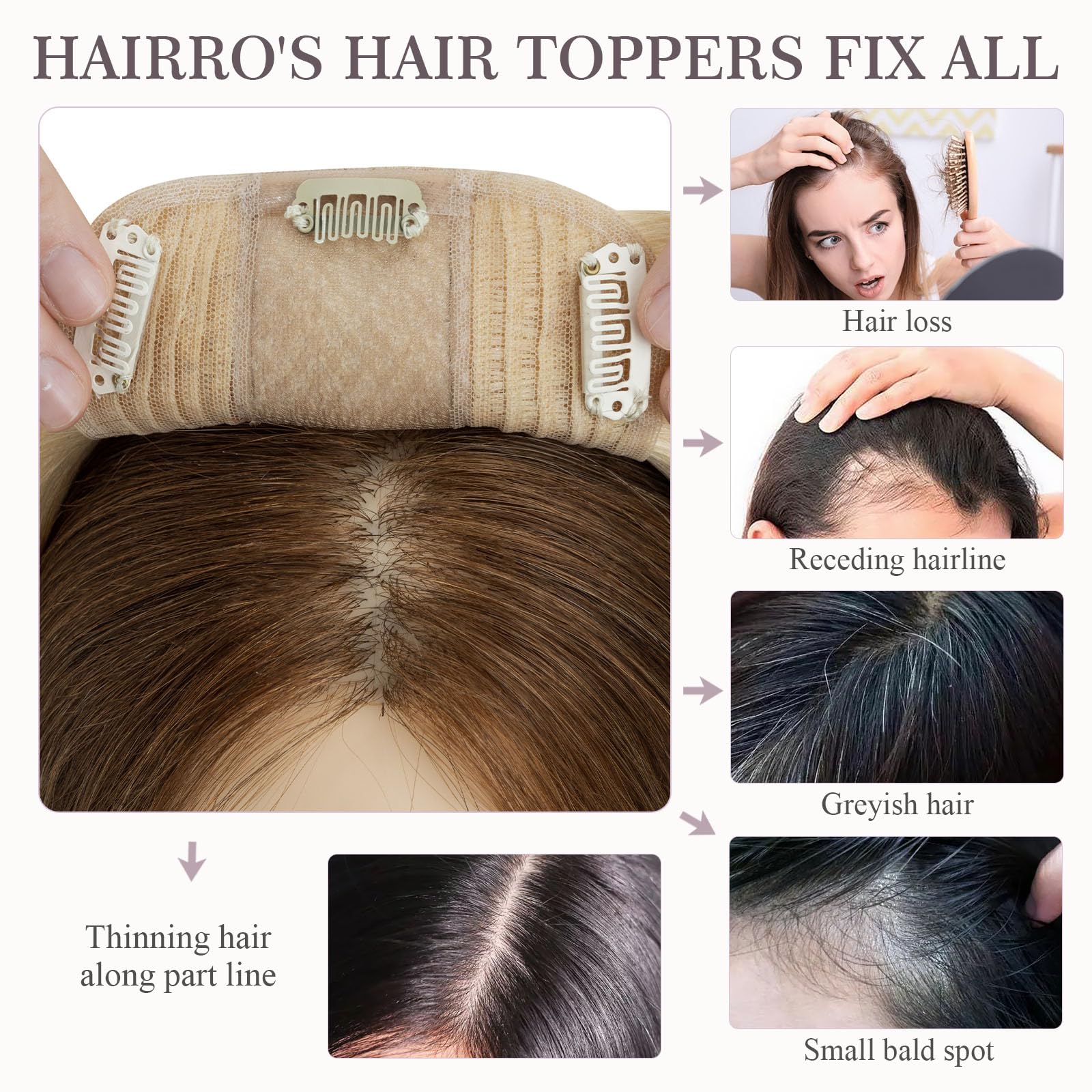 Hairro 100% Human Hair Topper with Silk Base – 18 Inch Bleach Blonde Clip-in Hairpiece for Women (4