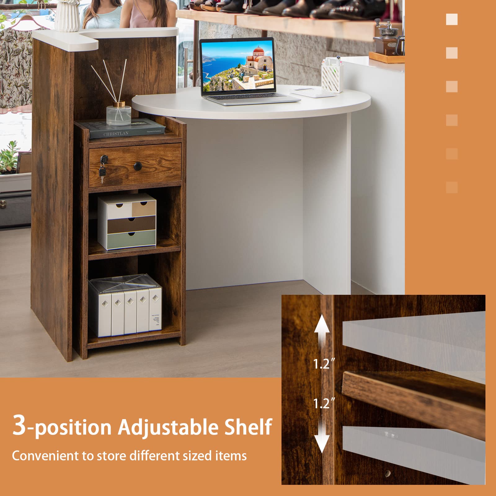 Tangkula Oval Reception Desk with Lockable Drawer & Adjustable Shelf - 60