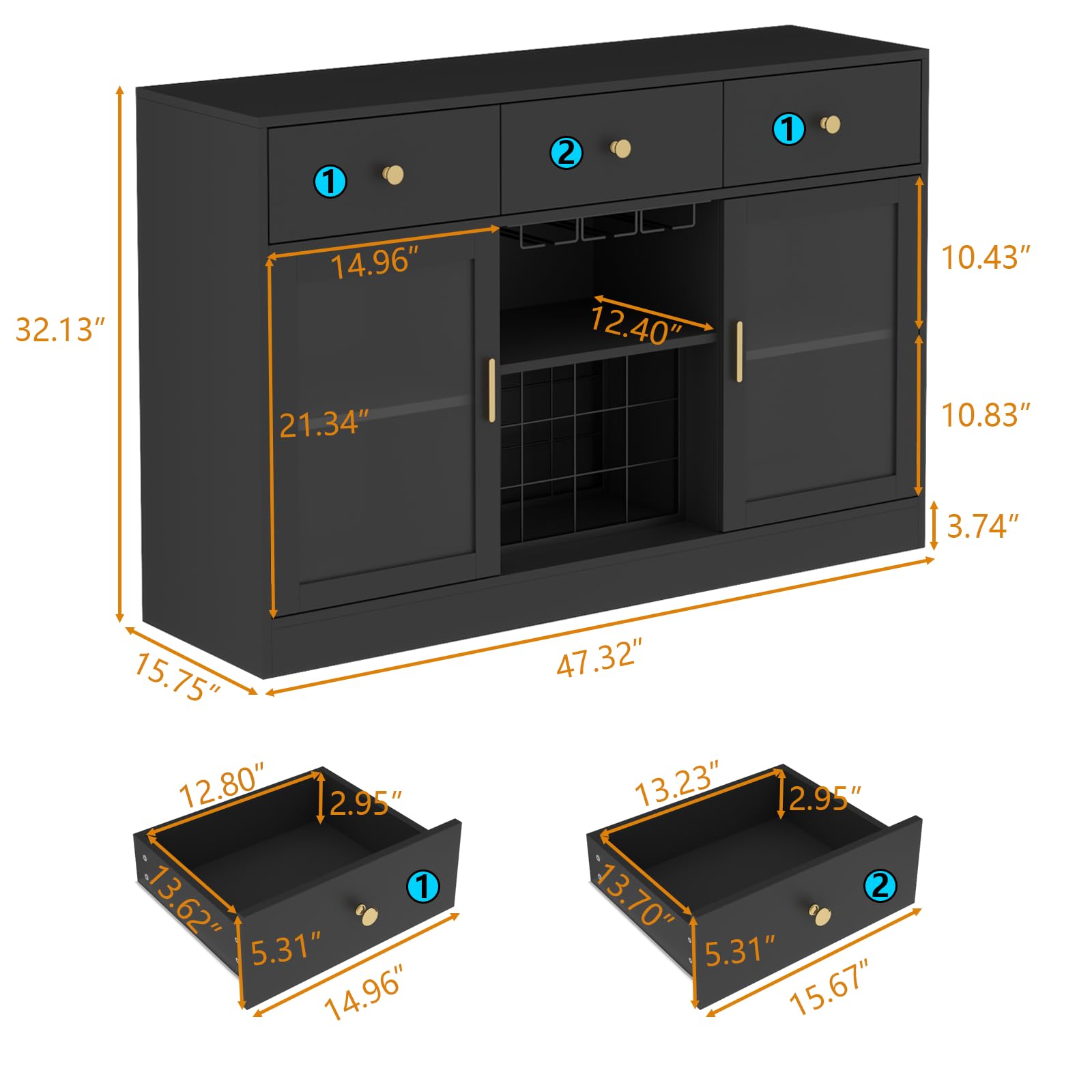 Modern Black Wine Bar Cabinet with LED Light - Home Coffee & Liquor Storage with Adjustable Shelves, Glass Door, and Wine Rack - Perfect for Kitchen, Dining Room, or Home Bar Organization