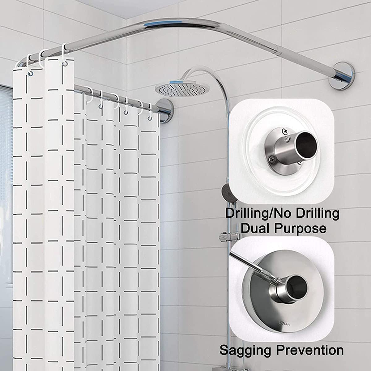 Stainless Steel Adjustable U-Shaped No-Drill Shower Curtain Rod - Extendable Curved Corner Bathroom Shower Rail Bar for Shower Cabin with Shower Curtain - Perfect for Small Spaces, Apartments & Bathroom Renovations