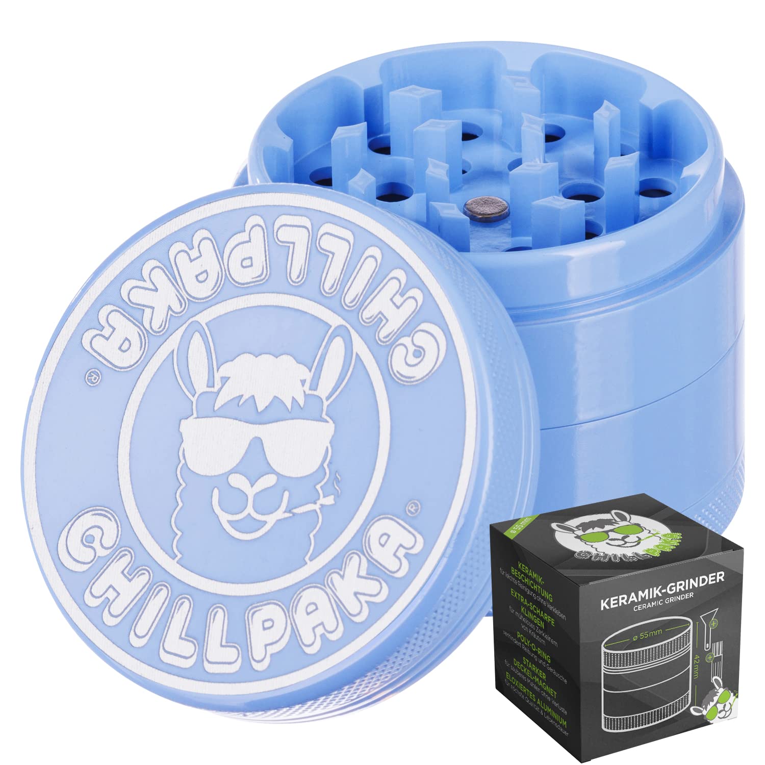 CHILLPAKA® Premium Ceramic Herb Grinder - 55mm Spice Mill with Non-Stick Nano-Ceramic Coating | Perfect for Grinding Herbs, Spices & Coffee | Durable & Easy to Clean | Ideal for Kitchen, Camping & Travel (Blue)