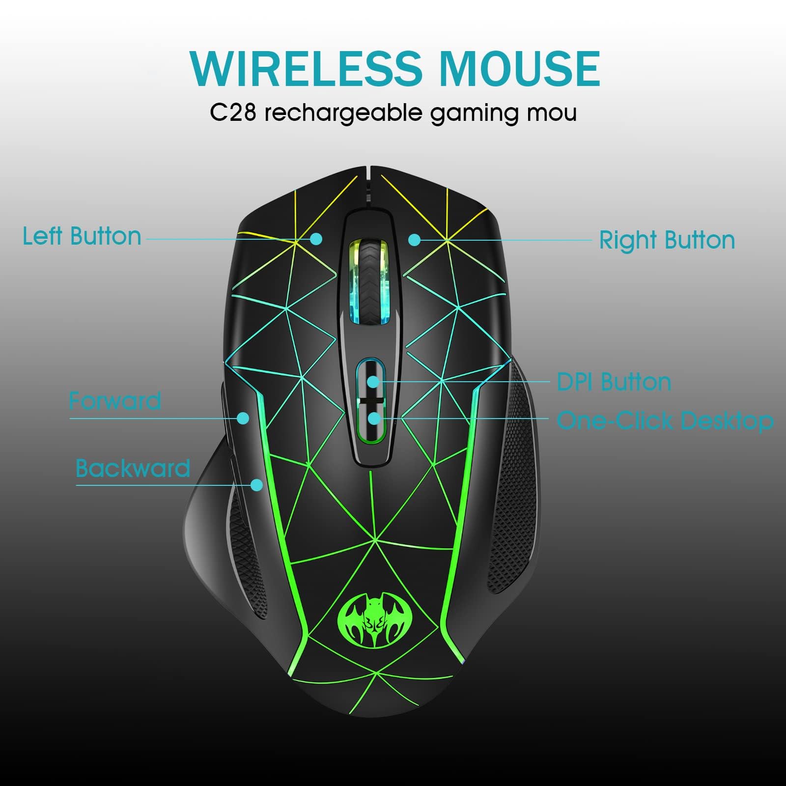 VEGCOO Wireless Gaming Mouse - Rechargeable 7-Button Silent Mouse with RGB LED Lights, 3-Level DPI Adjustable, Ergonomic Thumb Rest - Perfect for PC, Mac, Laptop & Desktop Gaming, Work & Office Use