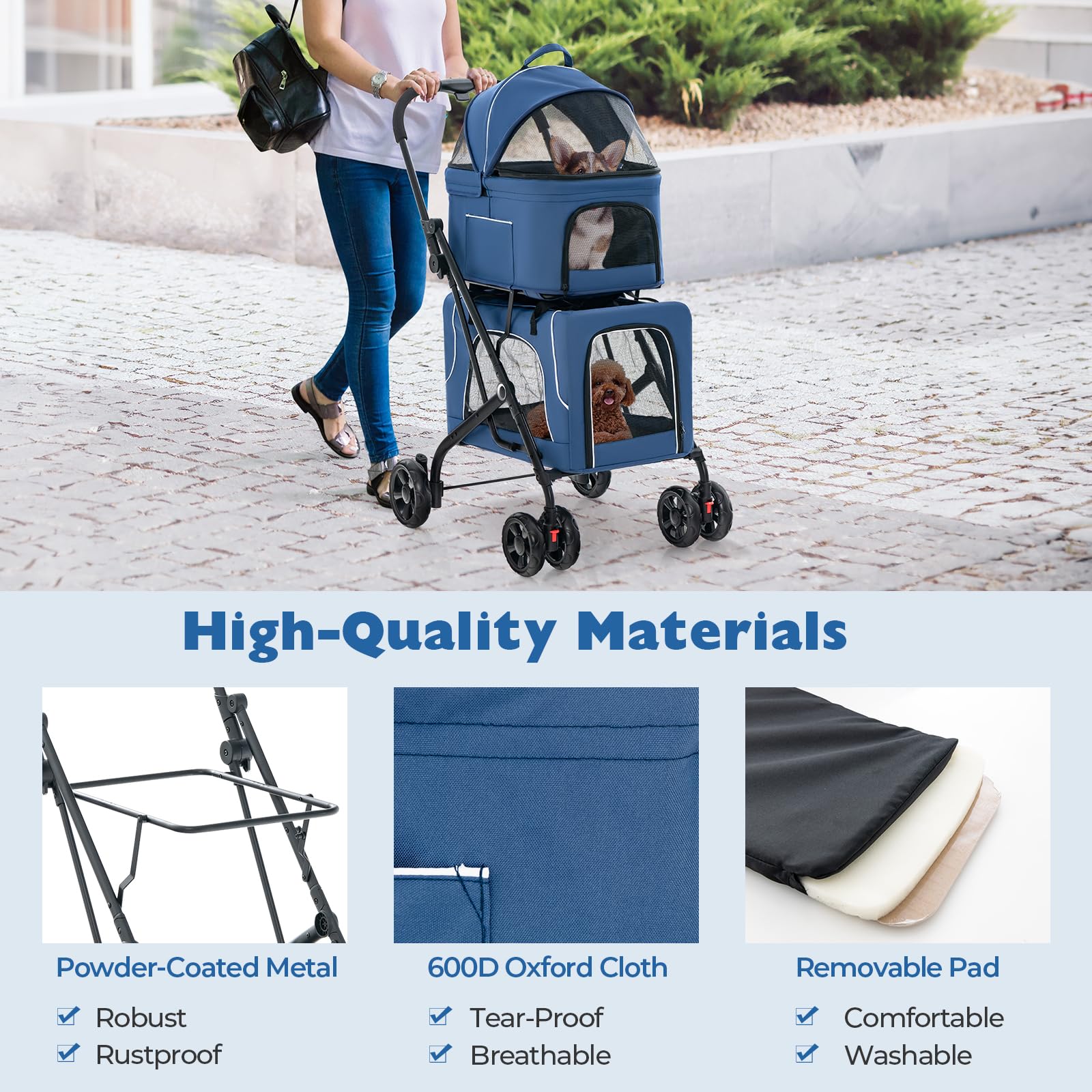 Giantex Double Dog Stroller for 2 Small Medium Dogs - Foldable Pet Stroller with Detachable Carriers, Safety Belt & 4 Lockable Wheels | Cat & Dog Travel Carrier | Perfect for Park Walks, Vet Visits & Shopping Trips (Blue)