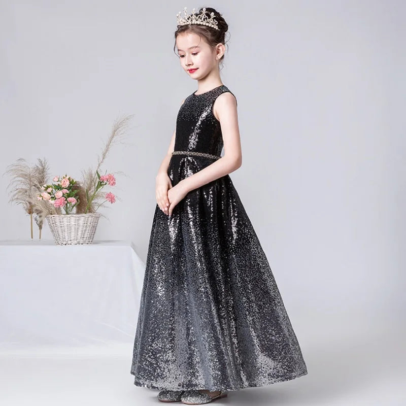 Sparkly O Neck Flower Girl Dress with Sequins - Elegant Long Formal Party Gown for Weddings, Pageants & Special Occasions