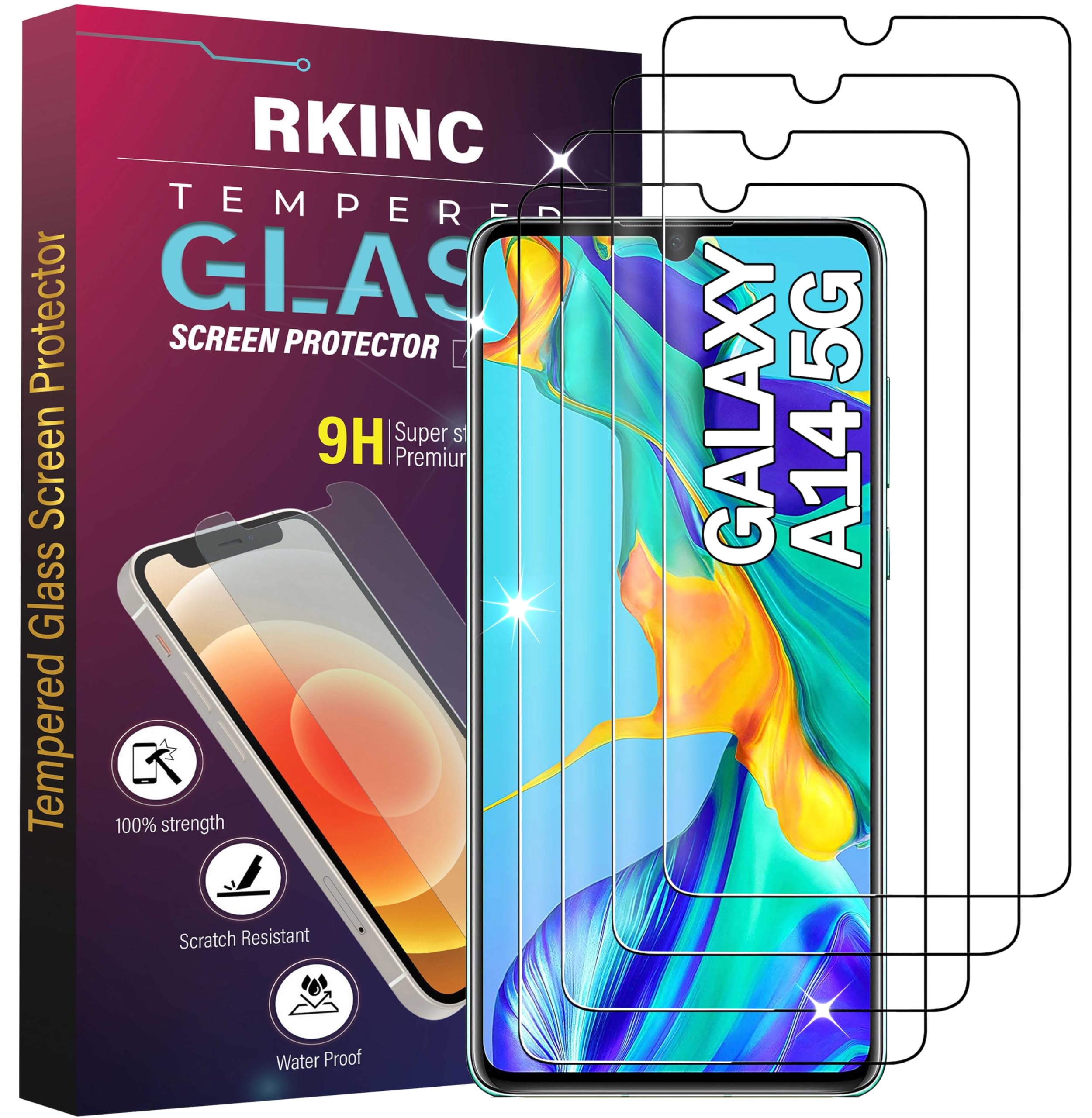 RKINC 4-Pack Tempered Glass Screen Protector for Samsung Galaxy A14 5G/4G - 0.33mm Ultra-Thin, Anti-Scratch, Anti-Shatter, Bubble-Free with Lifetime Warranty | Perfect for Everyday Protection, Gaming & Work Use
