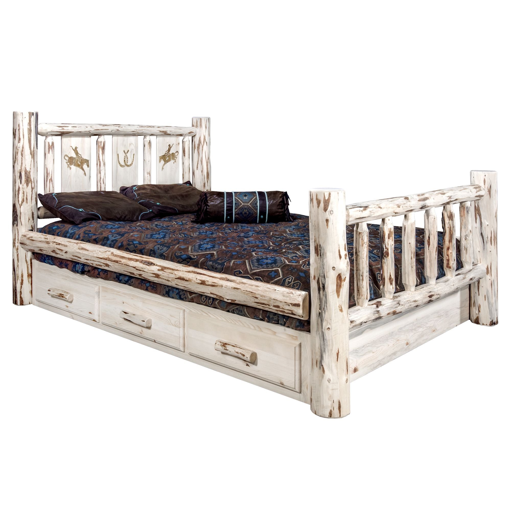 Montana Storage Bed with Laser Engraved Design - Unfinished Solid Wood Platform Bed with Underbed Storage - Perfect for Bedroom, Guest Room, or Small Space Organization