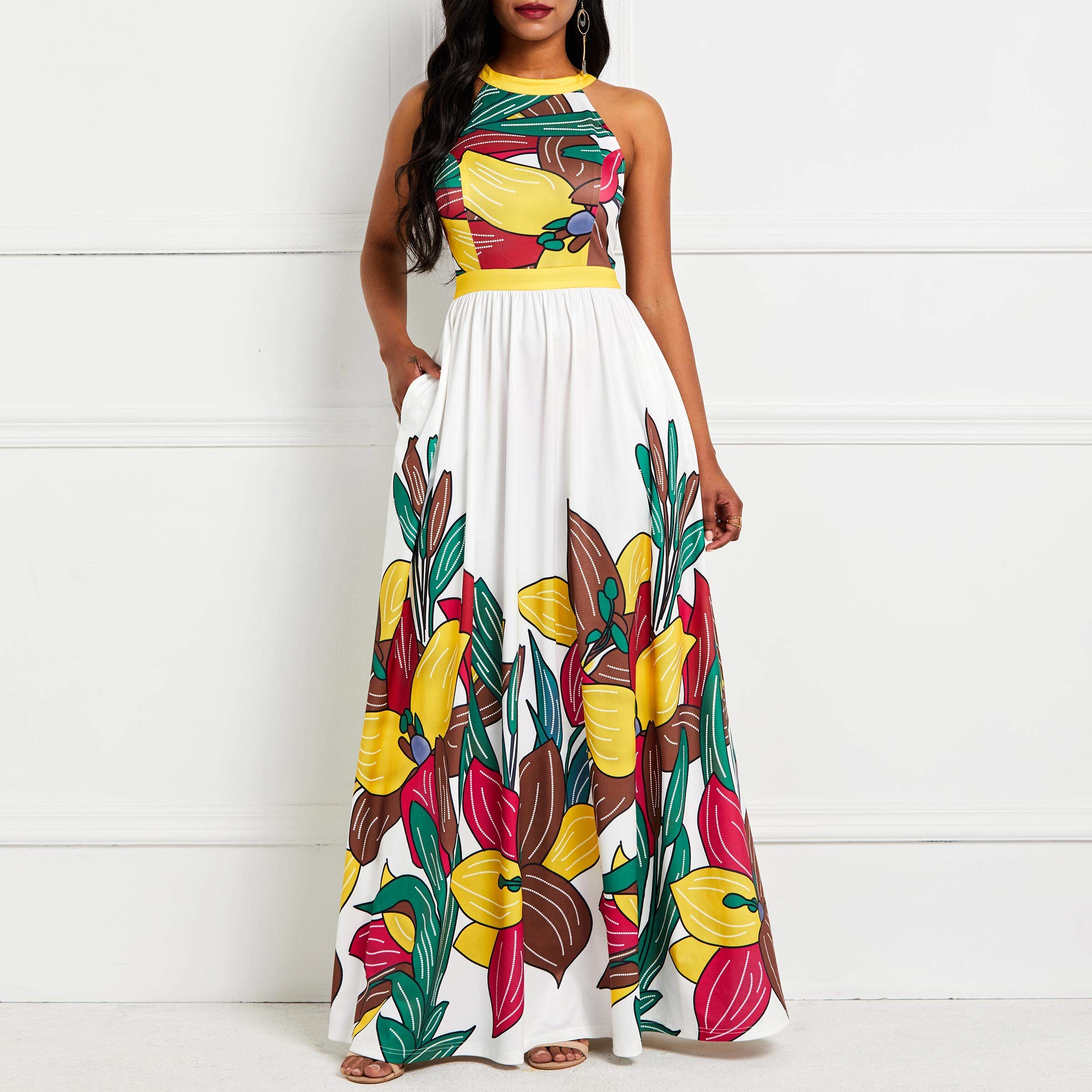 VERWIN Women's Sleeveless Floral Print Maxi Dress - Elegant Floor-Length Party & Cocktail Dress for Summer Weddings, Beach Vacations & Special Occasions