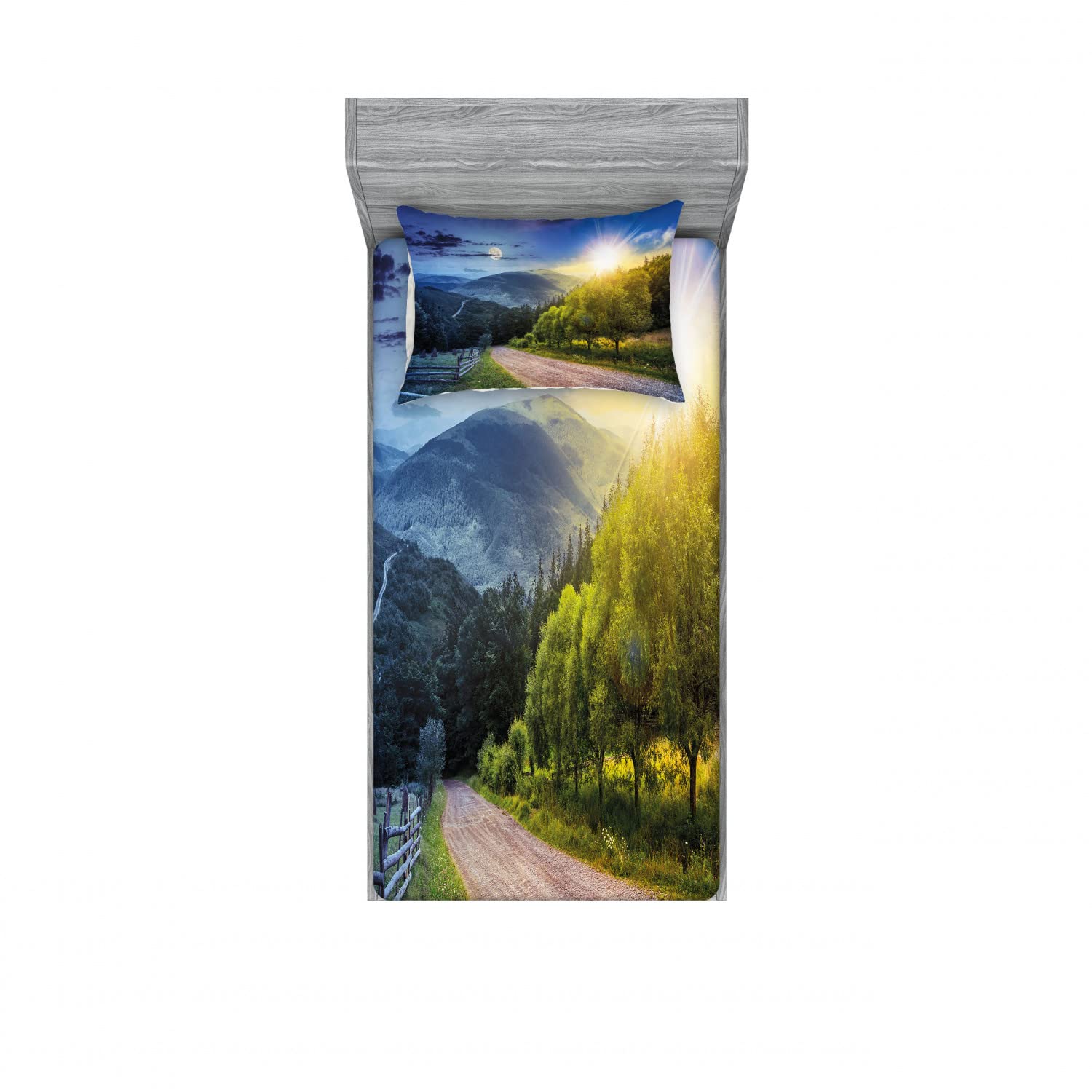 Ambesonne 2-Pack Twin Fitted Sheets & Pillow Sham Set - Sun Moon Landscape Design, Blue Green Countryside Theme Bedding (4-Piece Set) for Kids Room, Guest Bedroom or Vacation Home Decor
