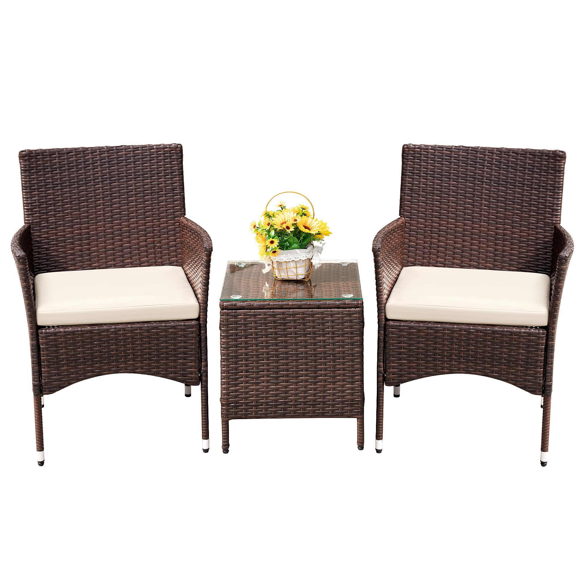 Devoko 3-Piece PE Rattan Wicker Patio Furniture Set with Table - Outdoor Garden Porch Chairs in Brown/Beige - Perfect for Backyard, Poolside & Terrace Relaxation