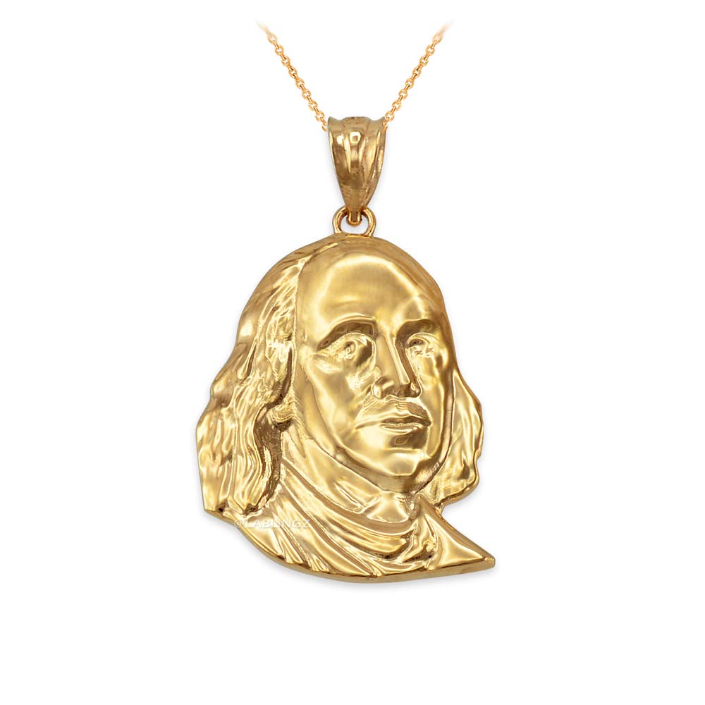 10K Yellow Gold Benjamin Franklin Pendant Necklace for Men - LA BLINGZ Historical Figure Jewelry - Perfect for Gifts, Collectors & American History Enthusiasts