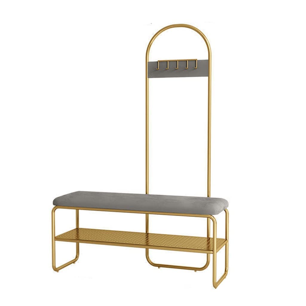 3-in-1 Entryway Coat Rack with Storage Bench & Shelf - Upholstered Seat Hall Tree for Living Room, Hallway - Gold & Grey Metal Frame (120x32x175cm) - Easy Assembly for Home Organization & Small Space Solution