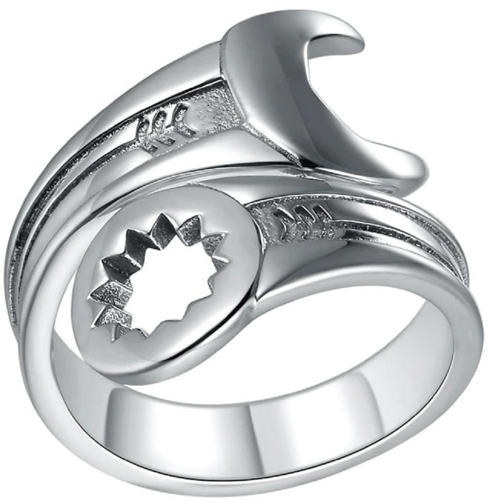 925 Sterling Silver Adjustable Wrench Ring - Punk Biker Jewelry for Men & Women
