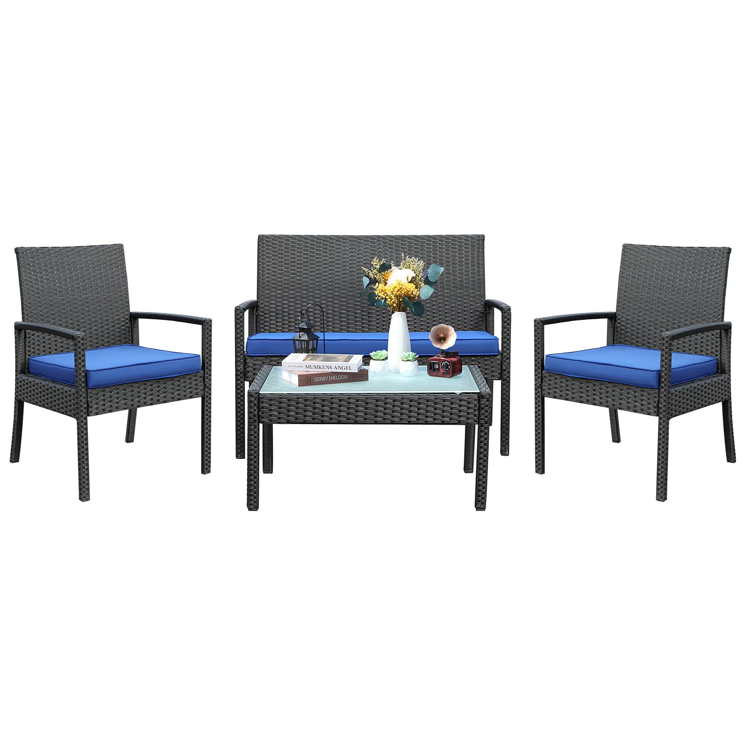 Tochiyoga 4-Piece Outdoor Patio Furniture Set - All-Weather Wicker Rattan Conversation Set for Porch, Balcony, Garden & Backyard (Perfect for Relaxing, Entertaining & Outdoor Dining)