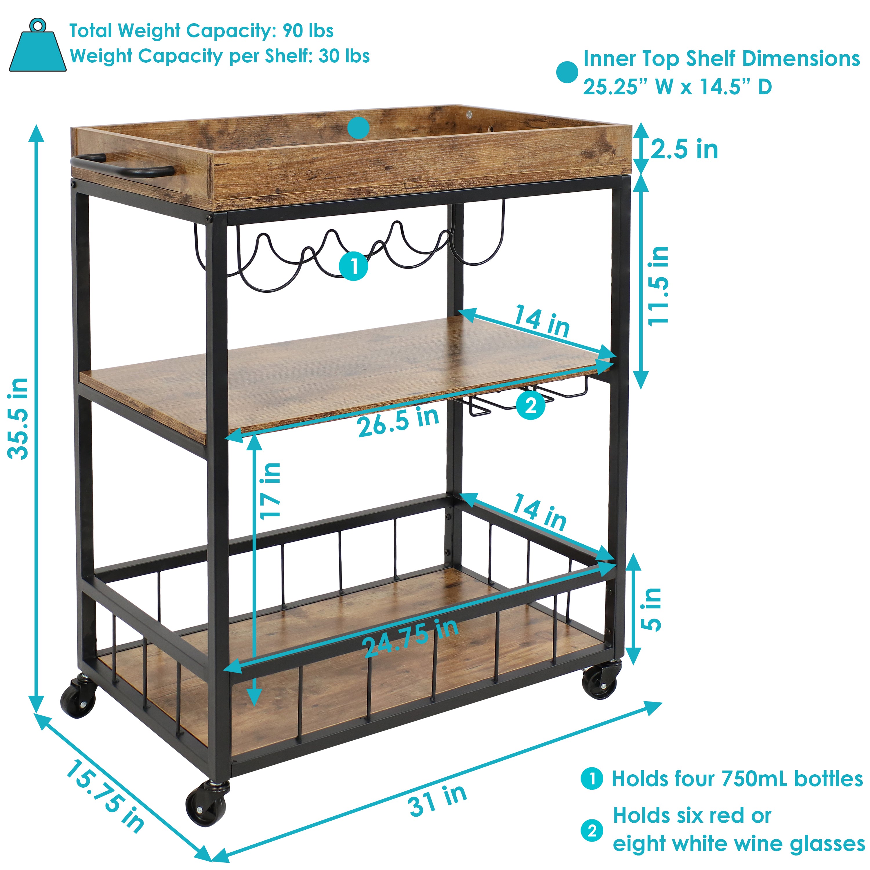 Sunnydaze Industrial Rolling Bar Cart - 35
