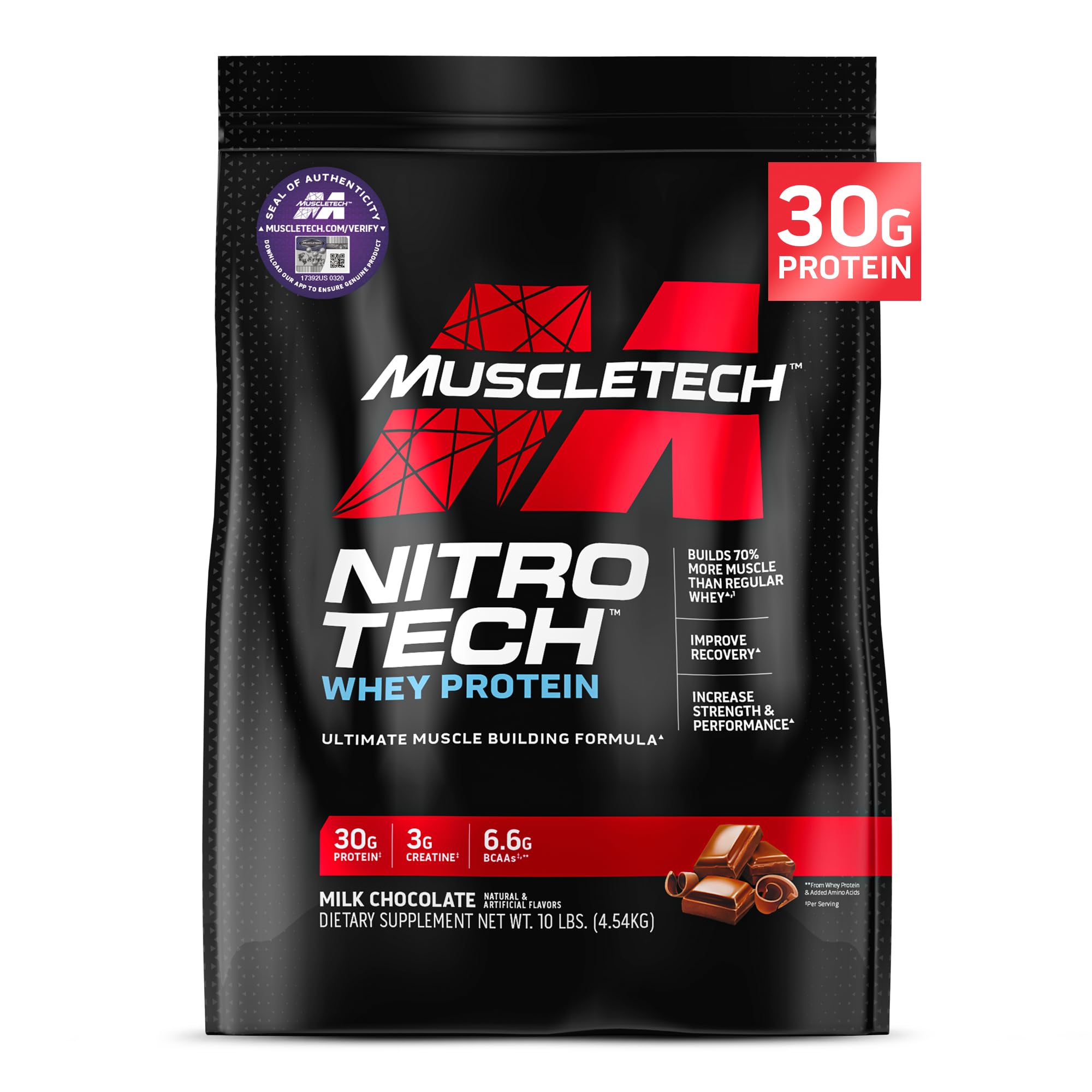 MuscleTech Nitro-Tech Whey Protein Powder - Milk Chocolate Flavor, 10 lbs - Premium Muscle Building Formula with Whey Protein Isolate & Peptides - 30g Protein, 3g Creatine & 6.6g BCAA per Serving - Ideal for Post-Workout Recovery & Muscle Growth