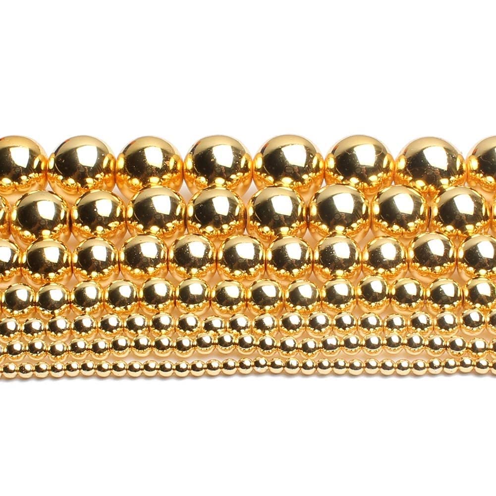 2 Strings 8mm Gold Hematite Beads for Jewelry Making - Smooth Round Loose Non-Magnetic Metallic Beads (90-100pcs) - Perfect for Bracelets, Necklaces & DIY Craft Projects