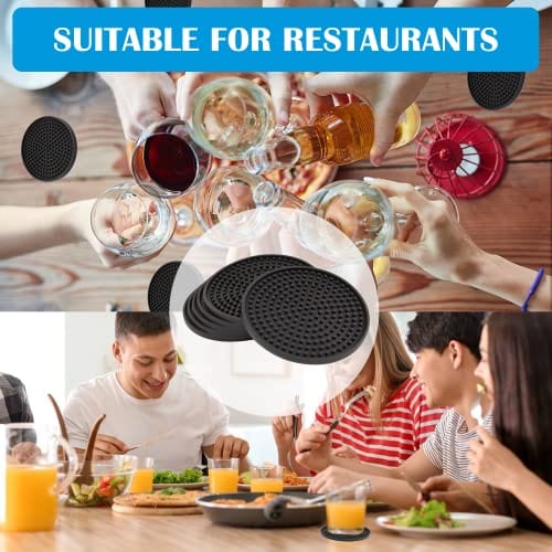 Premium Silicone Drink Coasters Set of 6 - Non-Slip, Heat Resistant Cup Mats for All Glass Sizes - Protect Tabletops & Furniture from Damage (Black) - Perfect for Home, Office, and Restaurant Use