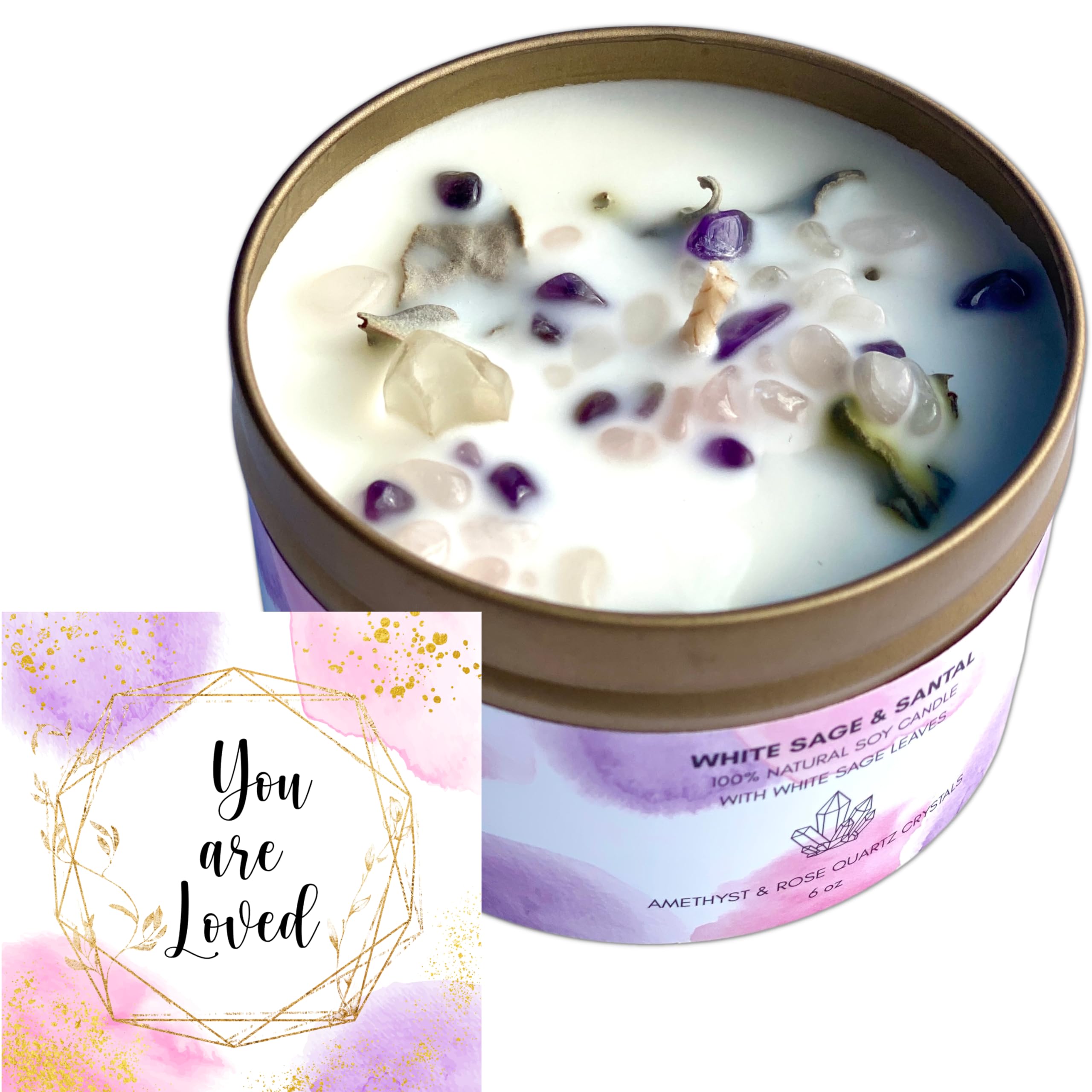 Natural Soy Wax Smudge Candle with White Sage, Sandalwood, Rose Quartz & Amethyst Crystals - 7.8 oz Aromatherapy Candle with Essential Oils (Rose & White) for Meditation, Yoga & Spiritual Cleansing