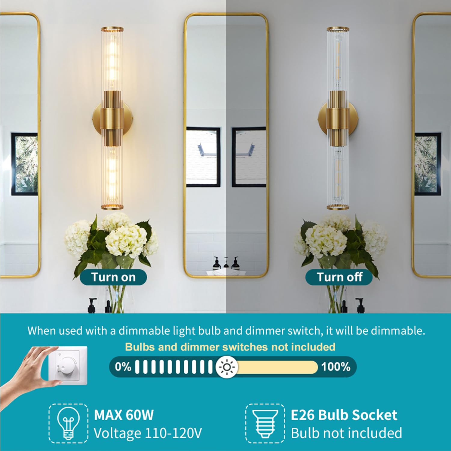 Modern Gold Wall Sconce with Threaded Glass - Bathroom Vanity Light Fixture, Up & Down Lighting for Bathroom, Living Room, Hallway & Kitchen - Elegant Indoor Wall Lighting for Home Decor