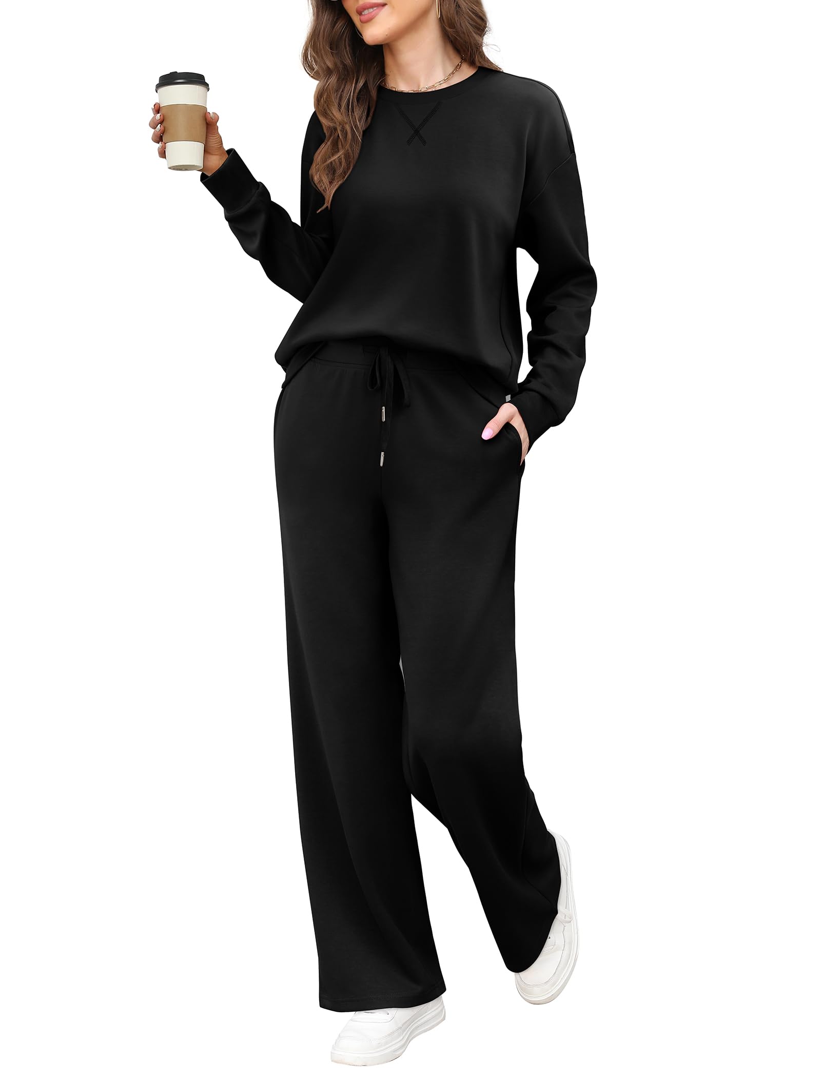 Women's 2-Piece Lounge Set - Soft Crewneck Sweatshirt & Wide Leg Sweatpants | Cozy Matching Outfits for Travel, Fall & Home Relaxation
