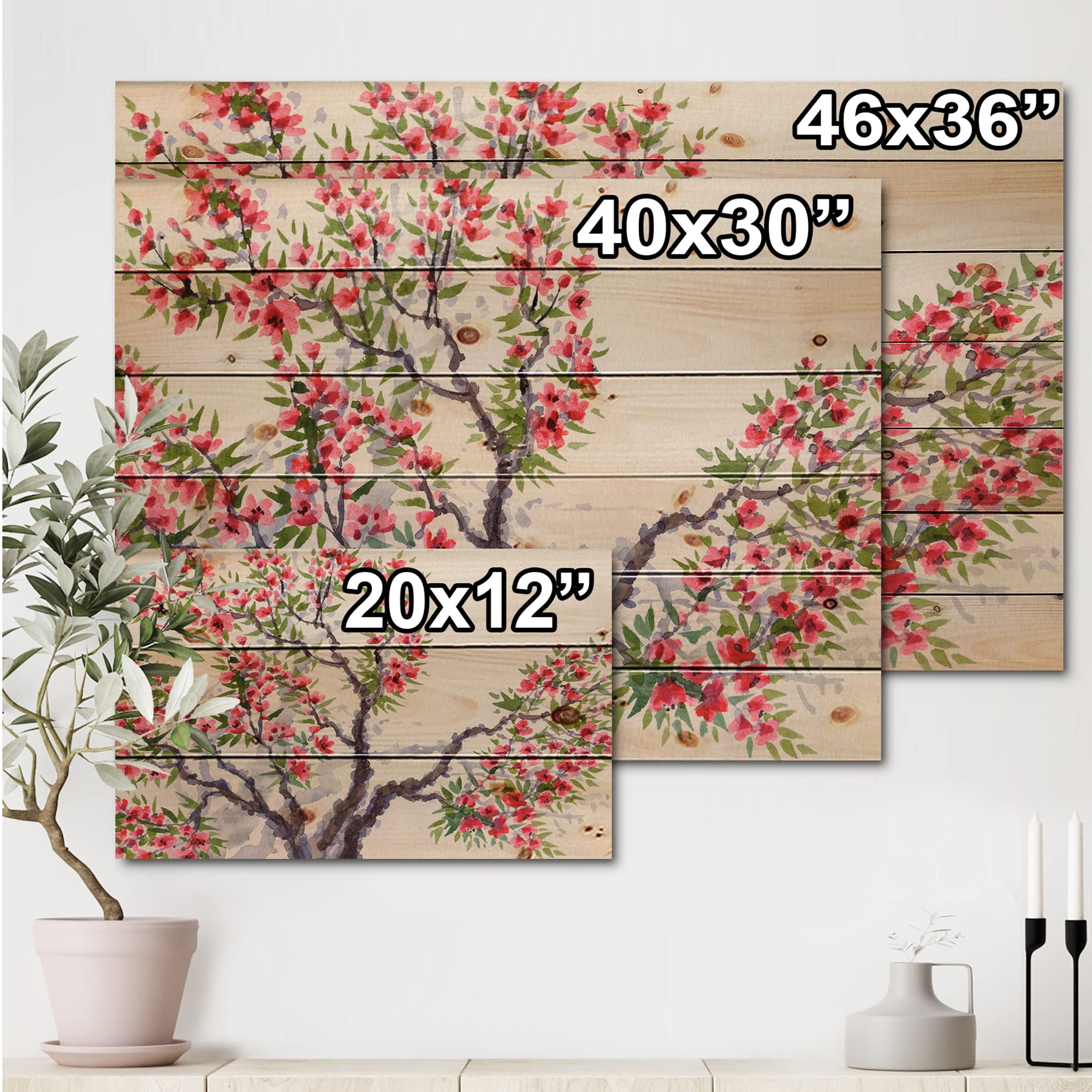 Traditional Red Blossoming Tree Floral Wood Wall Art - Large Pine Wood Wall Decor Panel for Living Room, Bedroom & Office Decoration