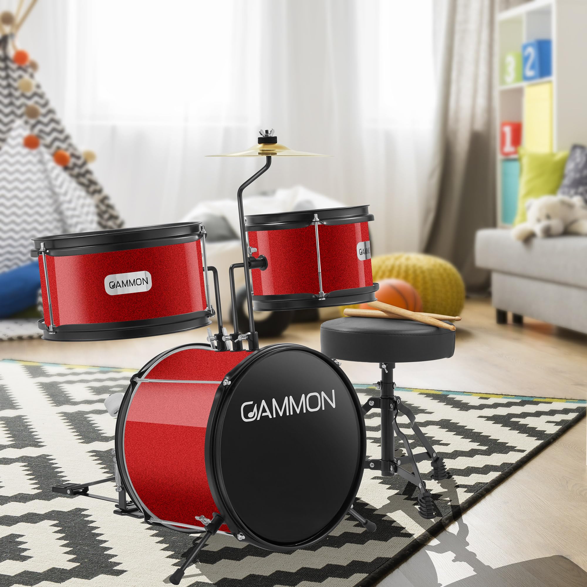 Gammon 3-Piece Junior Drum Set with Throne - Red, Complete Beginner Drum Kit with Bass Drum, Toms, Cymbal, Pedal & Drumsticks | Perfect for Kids Music Lessons, Home Practice & First Drum Set for Young Musicians
