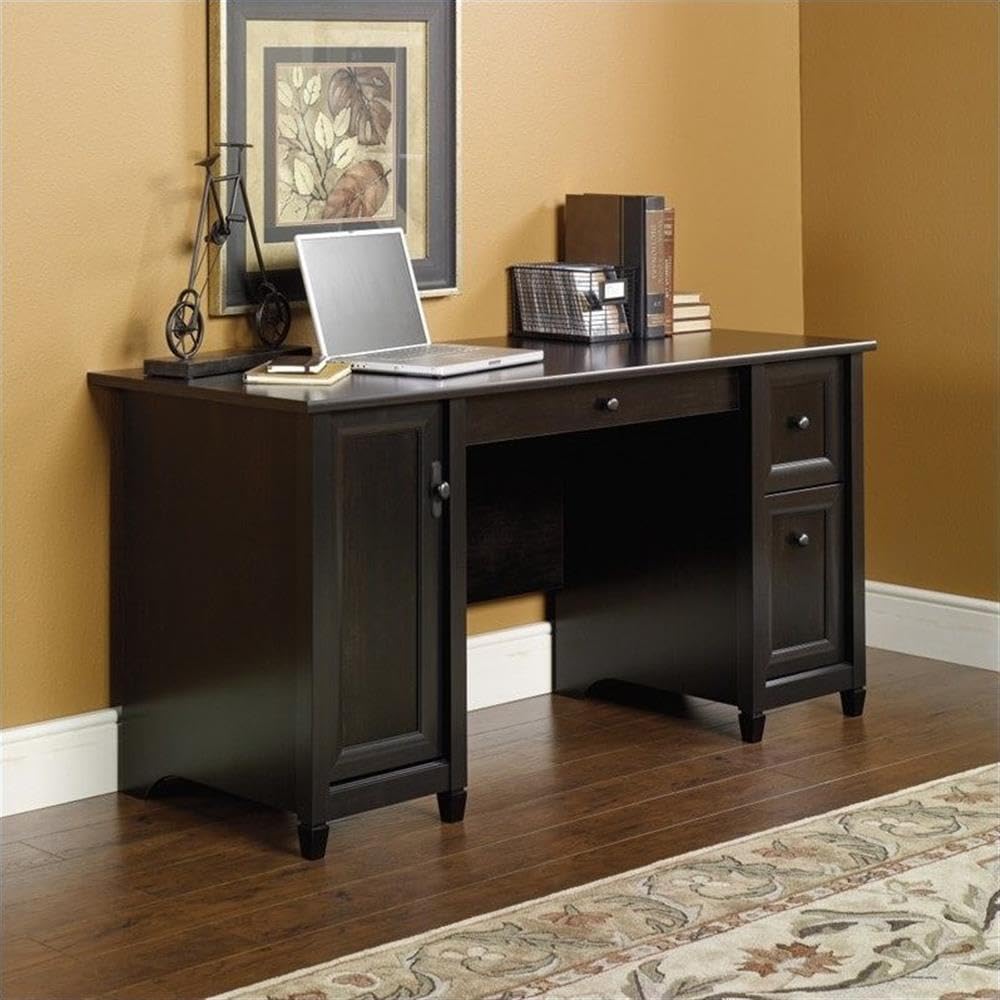 Pemberly Row Engineered Wood 2-Drawer Computer Desk in Estate Black - Compact Home Office Desk for Small Spaces, Study & Workstation