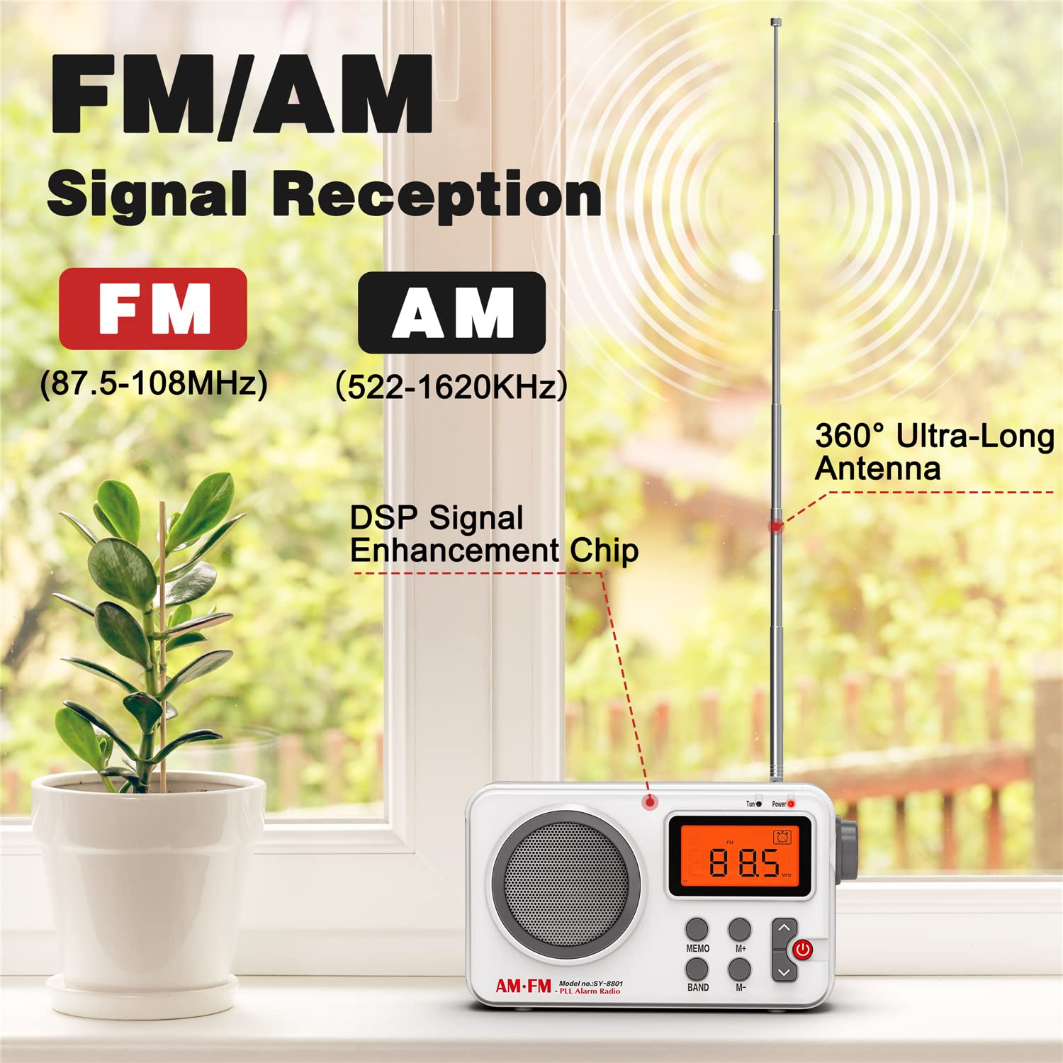 Portable AM/FM Transistor Radio with Excellent Reception & High Sound Quality - Digital Display, Alarm Clock, Manual Tuning & Headphone Jack - Perfect for Home, Office, Travel & Emergency Use
