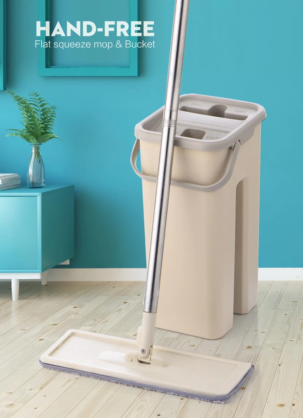 Hands-Free Flat Squeeze Mop with Bucket Wringer Set - Lightweight Floor Cleaning System for Hardwood, Tile & Laminate - Perfect for Home, Kitchen & Bathroom Cleaning