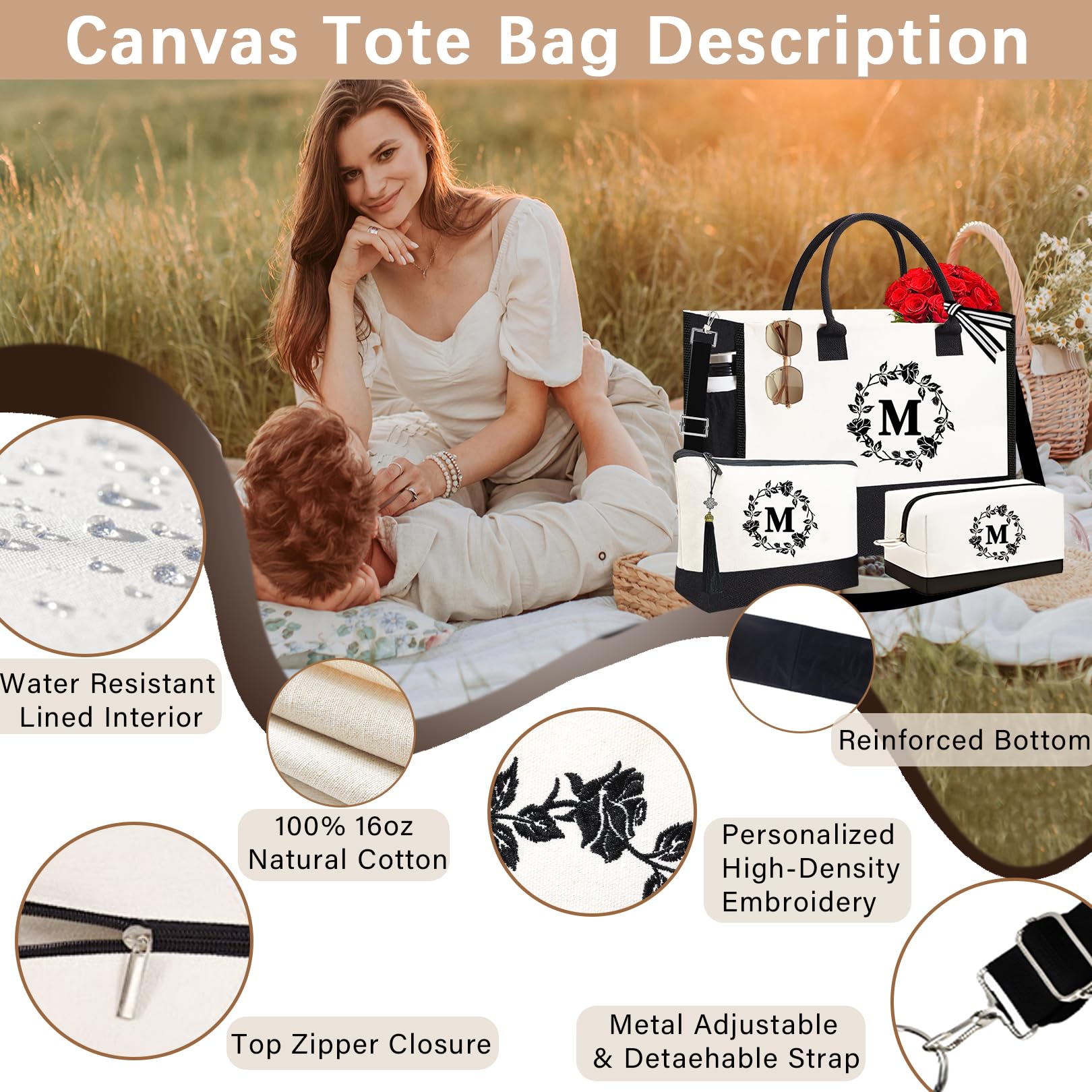 Adyoung Personalized Monogram Tote Bags for Women - 3PCS Custom Initial Canvas Tote Bags Set, Perfect Birthday Gifts, Work, Travel & Shopping Tote Bags